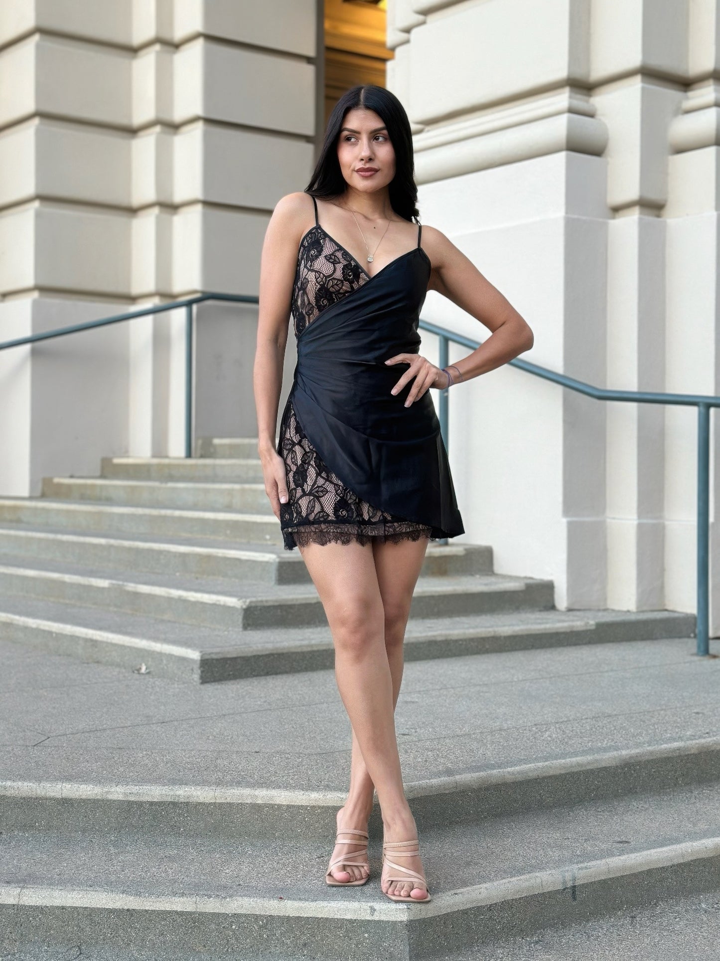 Sexy Party Satin Wrap Like & Lace Nude Mini Dress