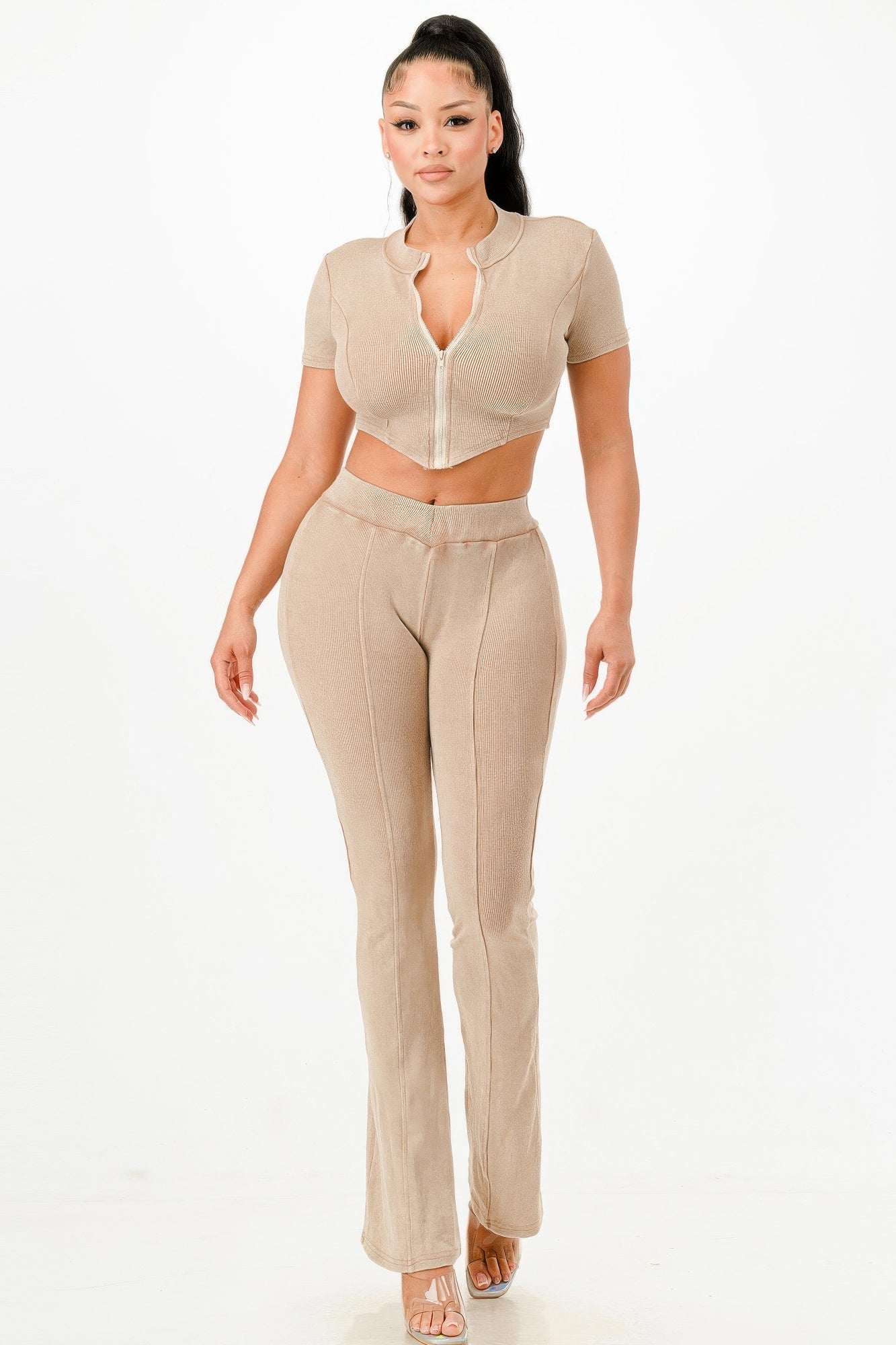 Zip Up Cropped Topa And Flare Pants Set
