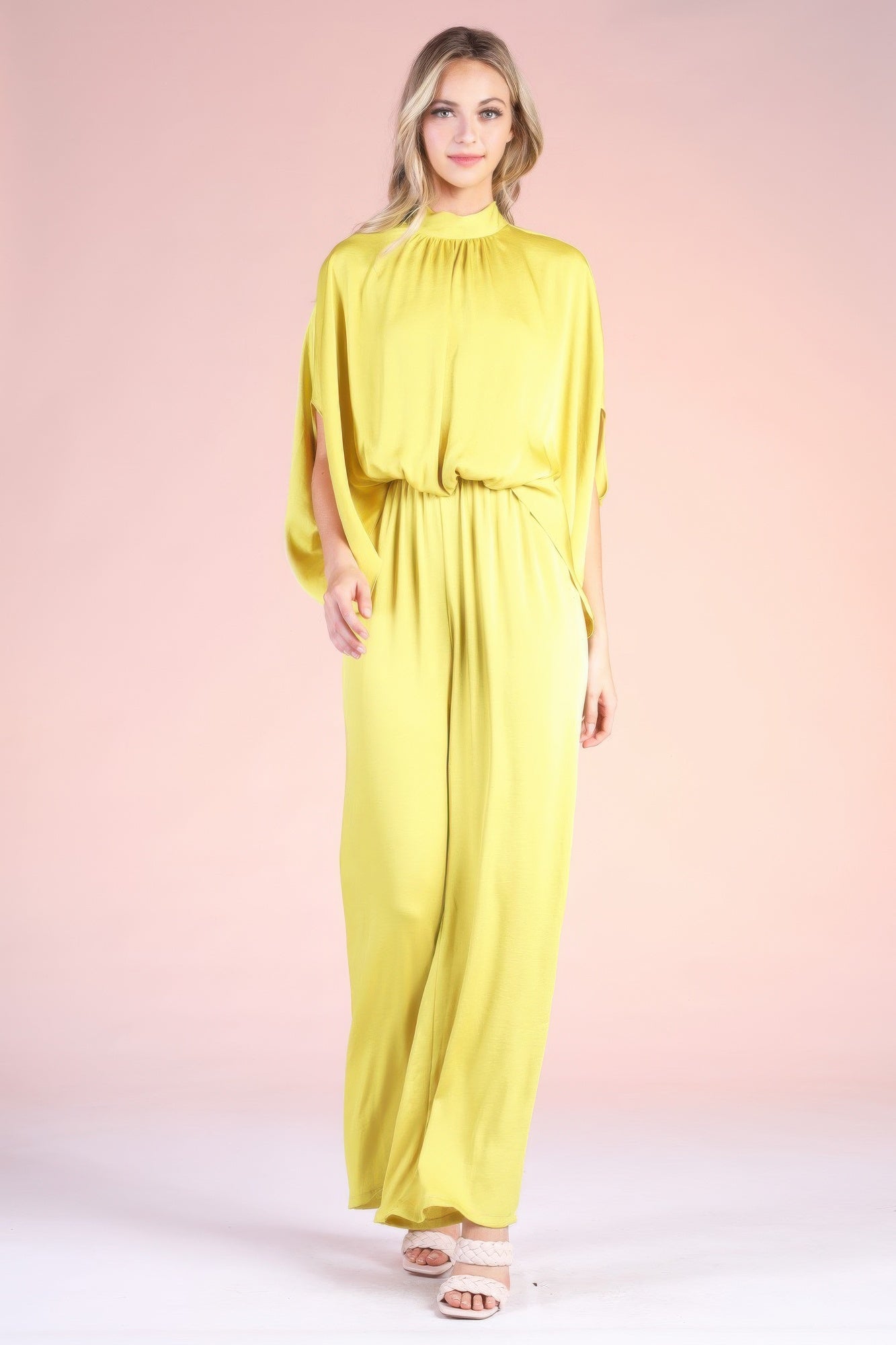 Washed Poly Silk Mock Neck Caftan Jumpsuit