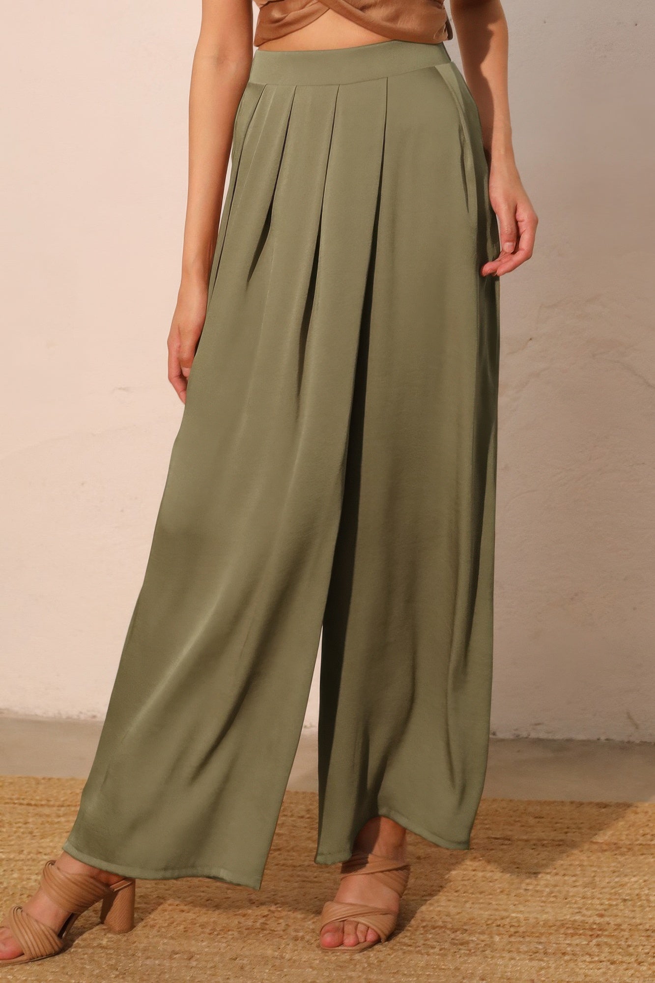 Washed Poly Silk Asymmetrical Pleated Pants
