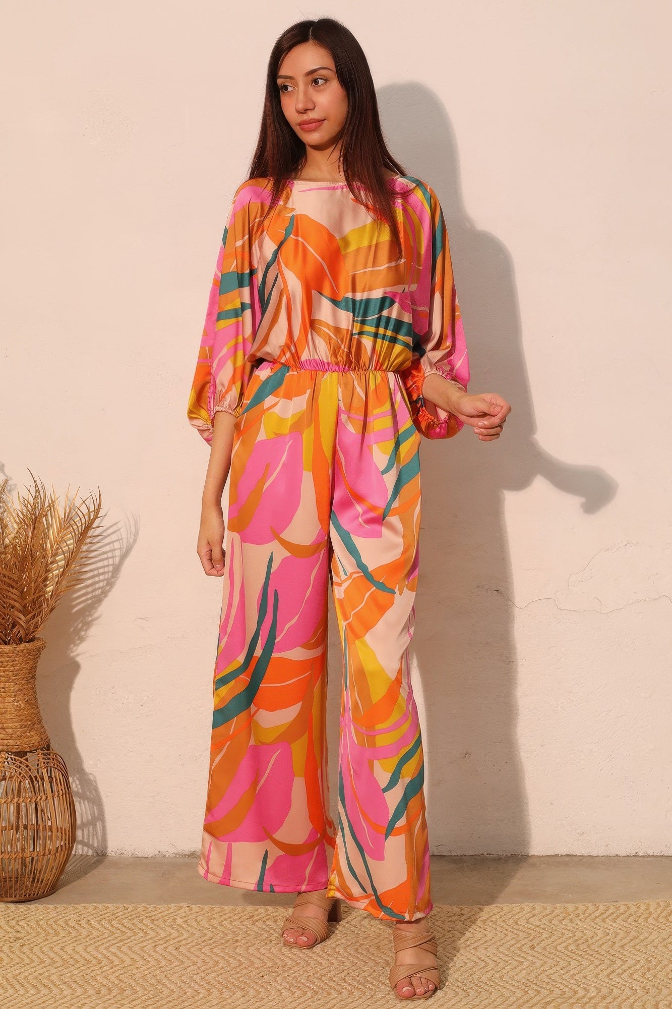 Isla Tropical Satin Boat Neck Blouson Jumpsuit