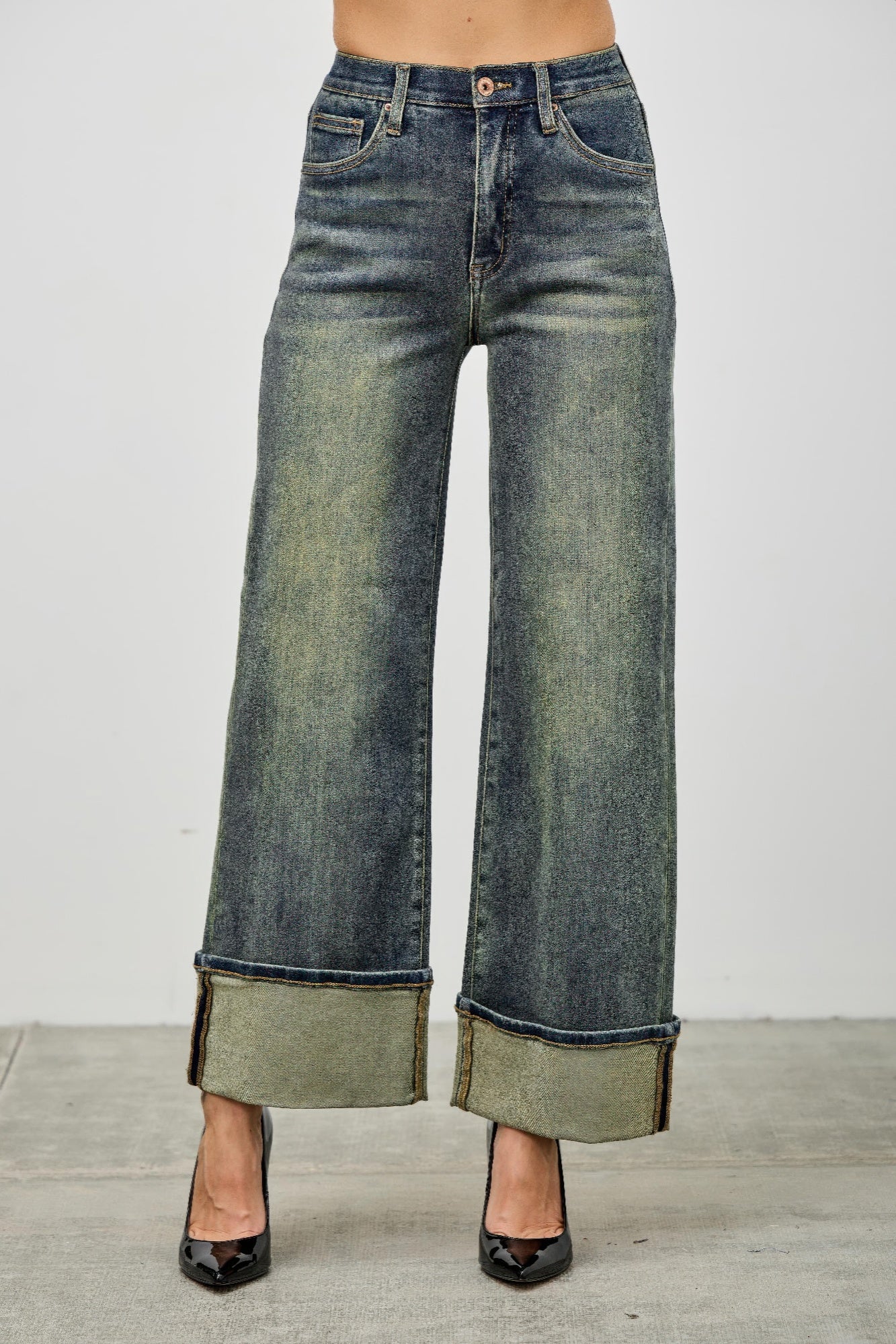 High Rise Dirty Wash Cuffed Jeans With Stretch