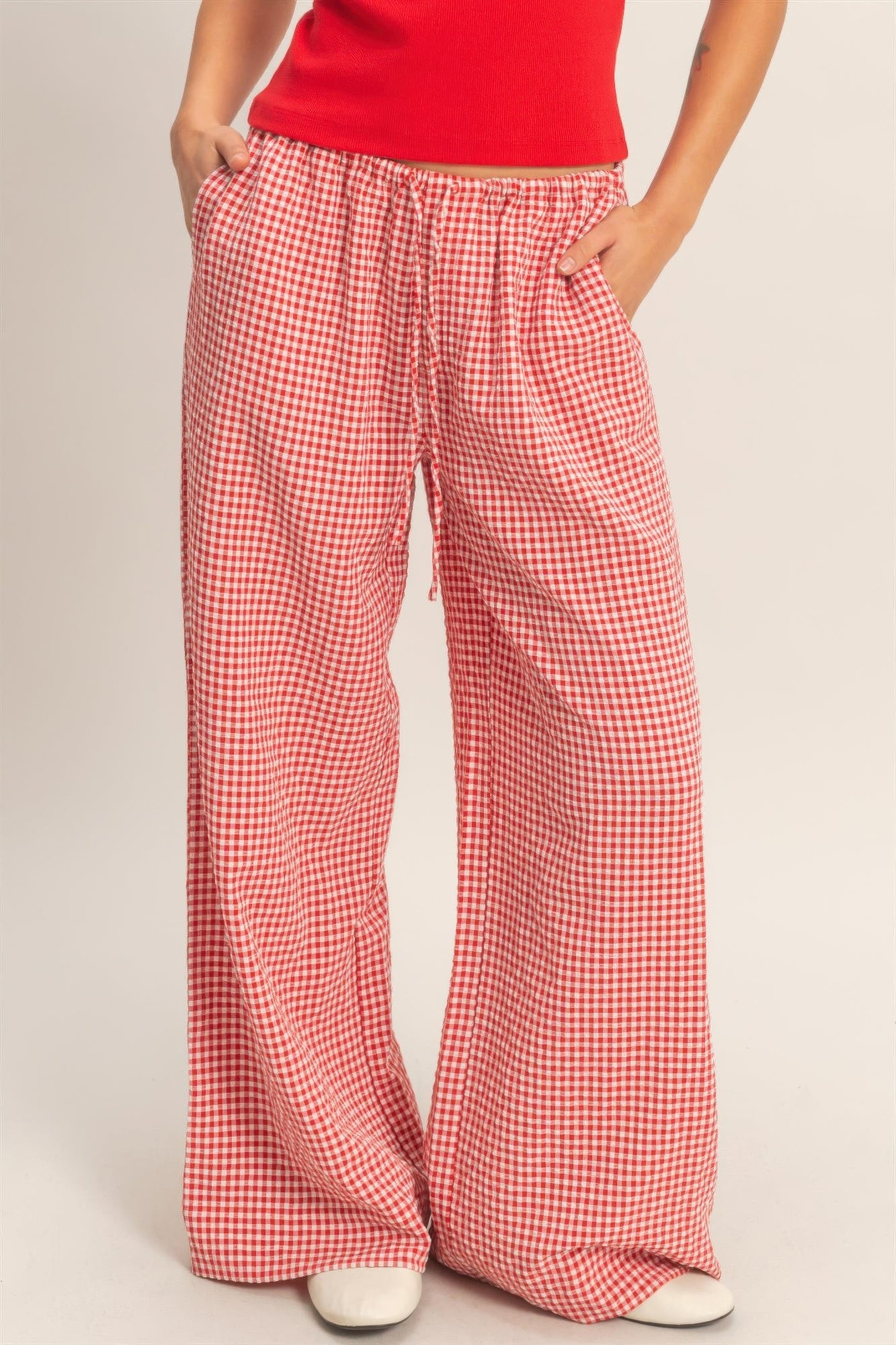 Gingham Drawstring Wide-leg Pants