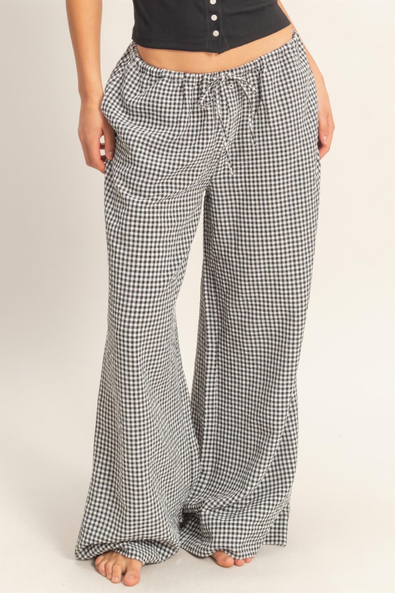 Gingham Drawstring Wide-leg Pants