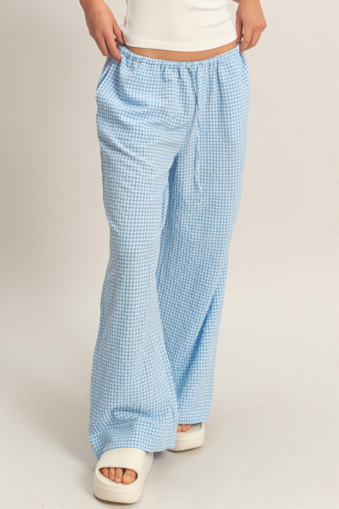 Gingham Drawstring Wide-leg Pants