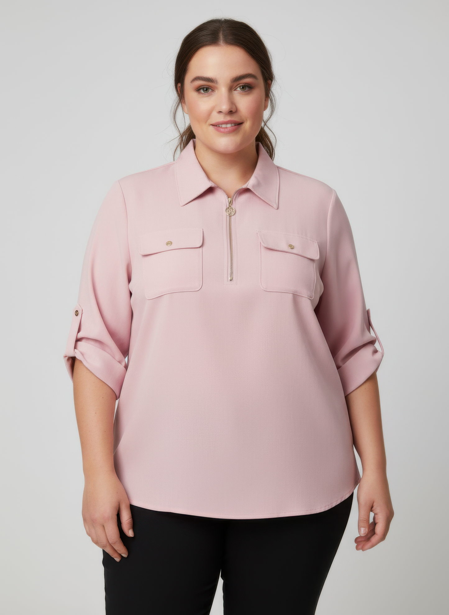 Zip Front Utility Pocket Tunic Blouse