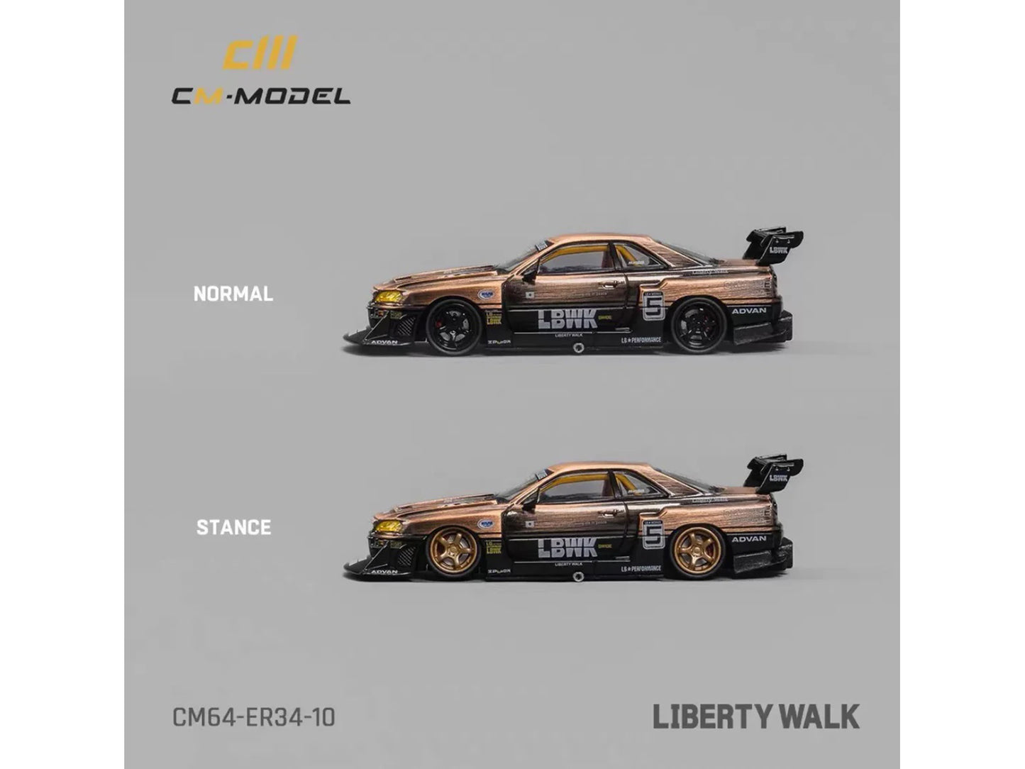 CM Models Nissan Skyline LB-ER34 "Super Silhouette" RHD (Right Hand Drive) #5 Brushed Bronze and Black with Extra Wheels 1/64 Diecast Model Car by CM Models