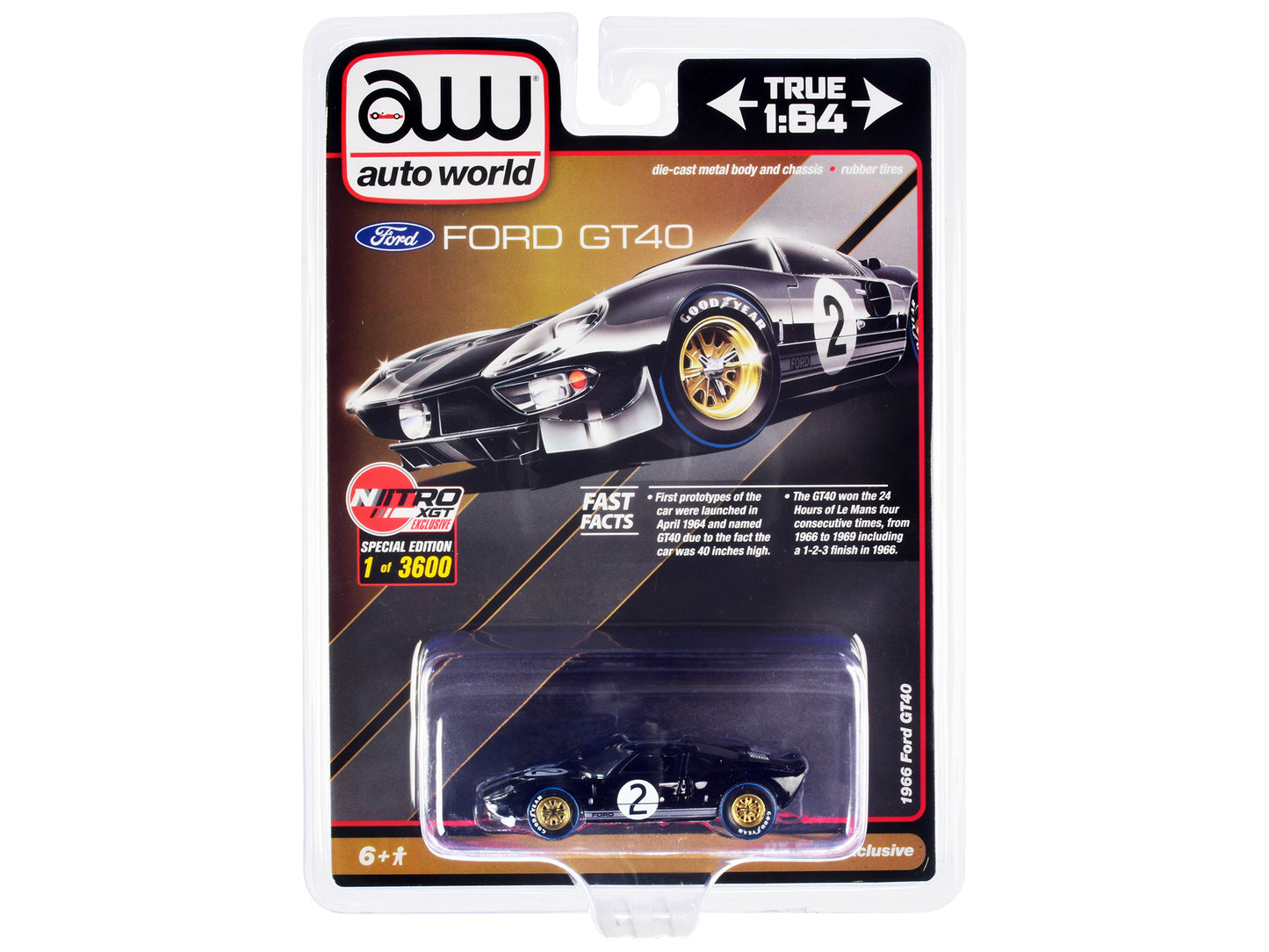 Autoworld 1966 Ford GT40 RHD (Right Hand Drive) #2 Black with Silver Stripes Limited Edition to 3600 pieces Worldwide 1/64 Diecast Model Car by Auto World