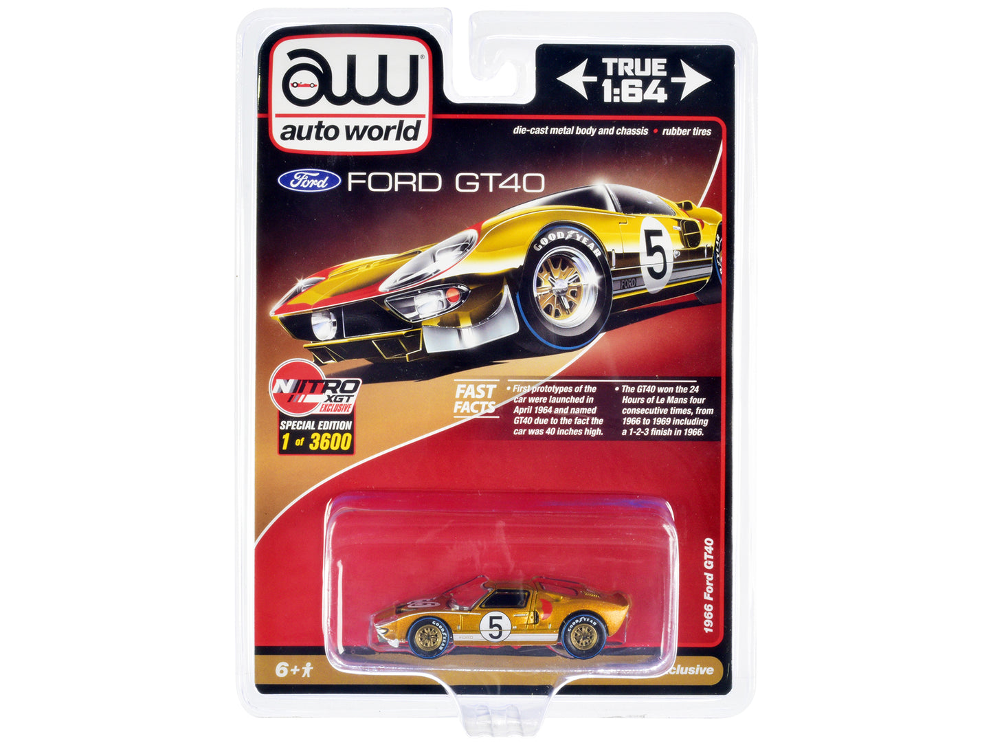 Autoworld 1966 Ford GT40 RHD (Right Hand Drive) #5 Gold with Graphics Limited Edition to 3600 pieces Worldwide 1/64 Diecast Model Car by Auto World