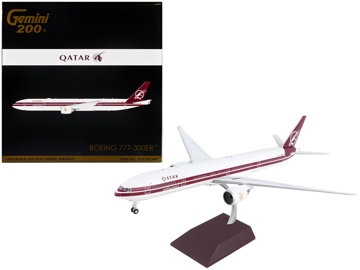 GeminiJets Boeing 777-300ER Commercial Aircraft "Qatar Airways" White with Dark Red Stripes "Gemini 200" Series 1/200 Diecast Model Airplane by GeminiJets