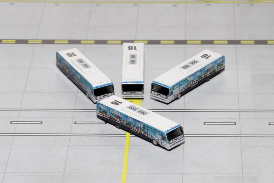 GeminiJets Cobus 3000 Passenger Bus White and Blue with Graphics "US Airways Shuttle Bus - Greener Transit" 4 Piece Set 1/400 Diecast Models by GeminiJets