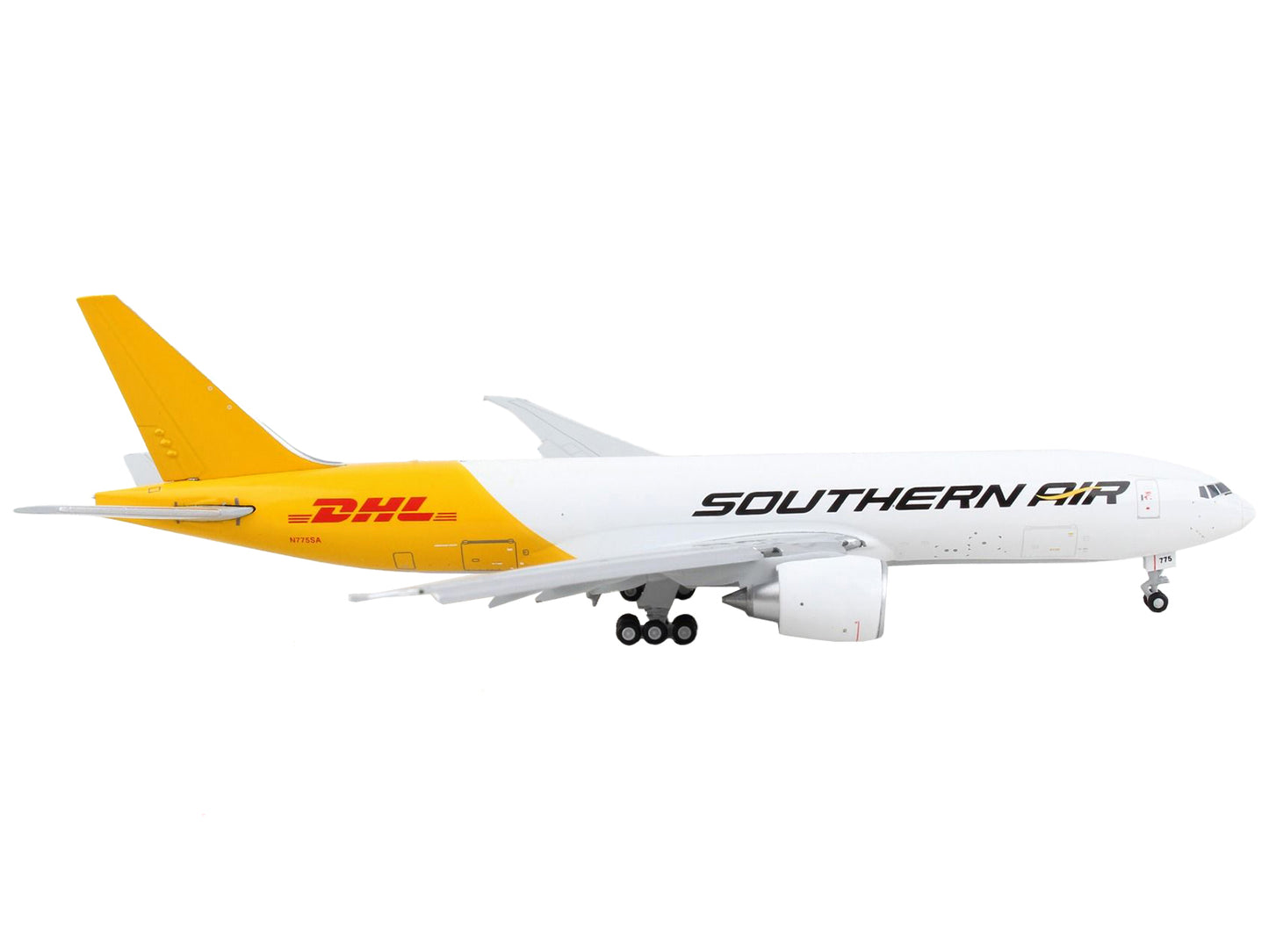 GeminiJets Boeing 777F Commercial Aircraft with Flaps Down "Southern Air - DHL" White and Yellow 1/400 Diecast Model Airplane by GeminiJets