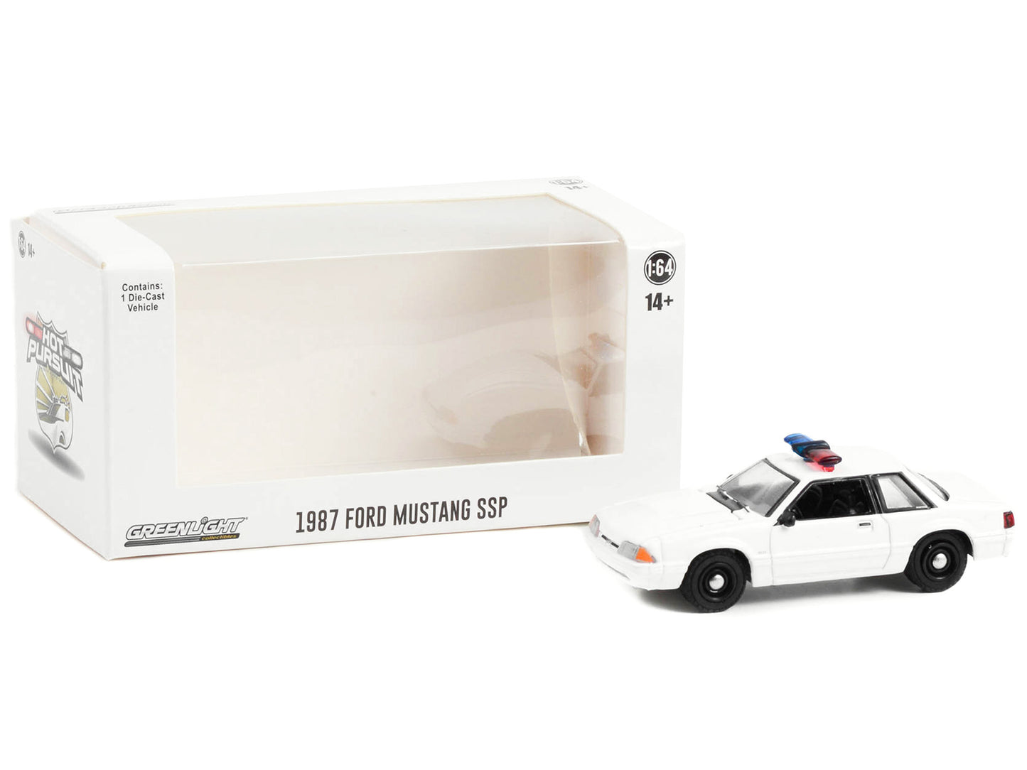 Greenlight 1987-1993 Ford Mustang SSP White Police Car with Light Bar "Hot Pursuit" "Hobby Exclusive" Series 1/64 Diecast Model Car by Greenlight