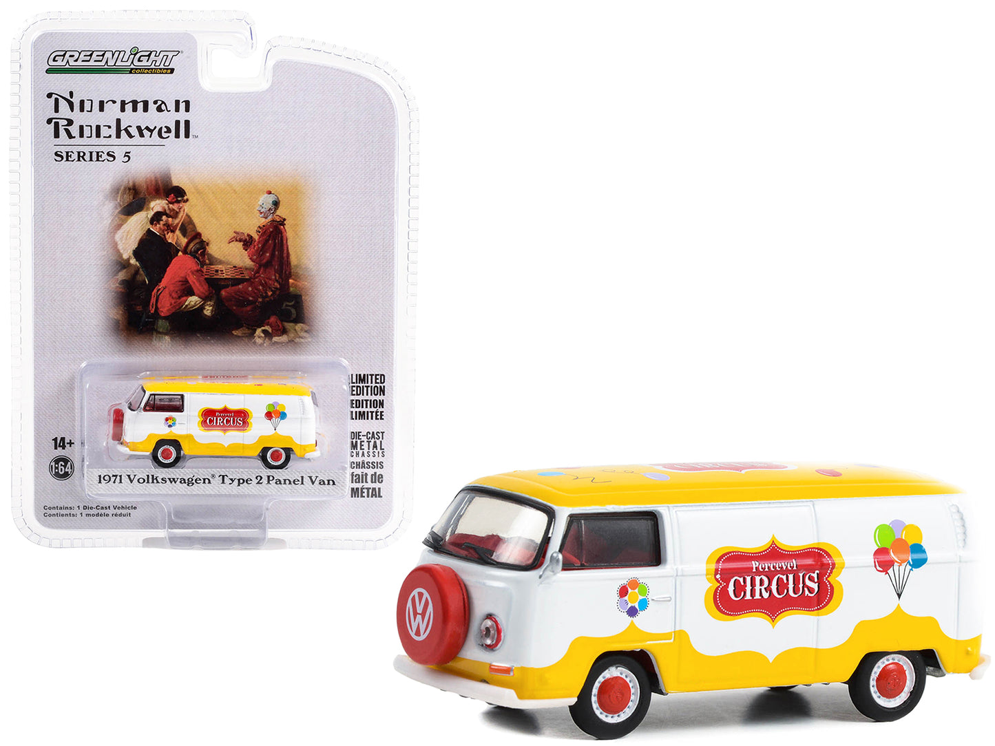 Greenlight 1971 Volkswagen Type 2 Panel Van Yellow and White with Red Interior "Percevel Circus" "Norman Rockwell" Series 5 1/64 Diecast Model Car by Greenlight