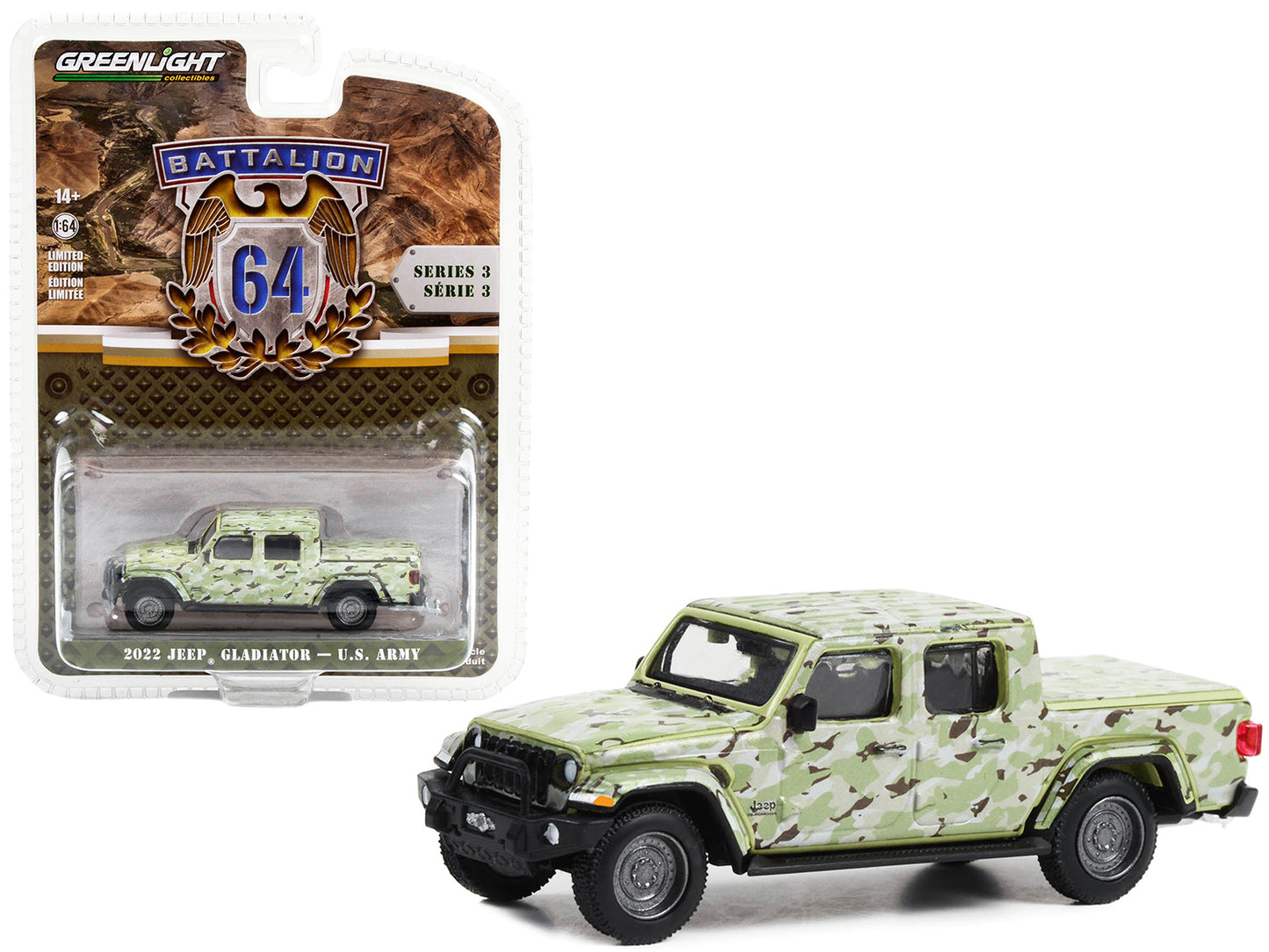 Greenlight 2022 Jeep Gladiator Pickup Truck "U.S. Army" Military-Spec Camouflage "Battalion 64" Series 3 1/64 Diecast Model Car by Greenlight