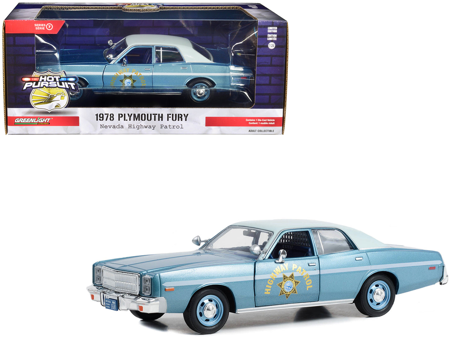 Greenlight 1978 Plymouth Fury Slicktop Blue Metallic with White Top "Nevada Highway Patrol" "Hot Pursuit" Series 1/24 Diecast Model Car by Greenlight