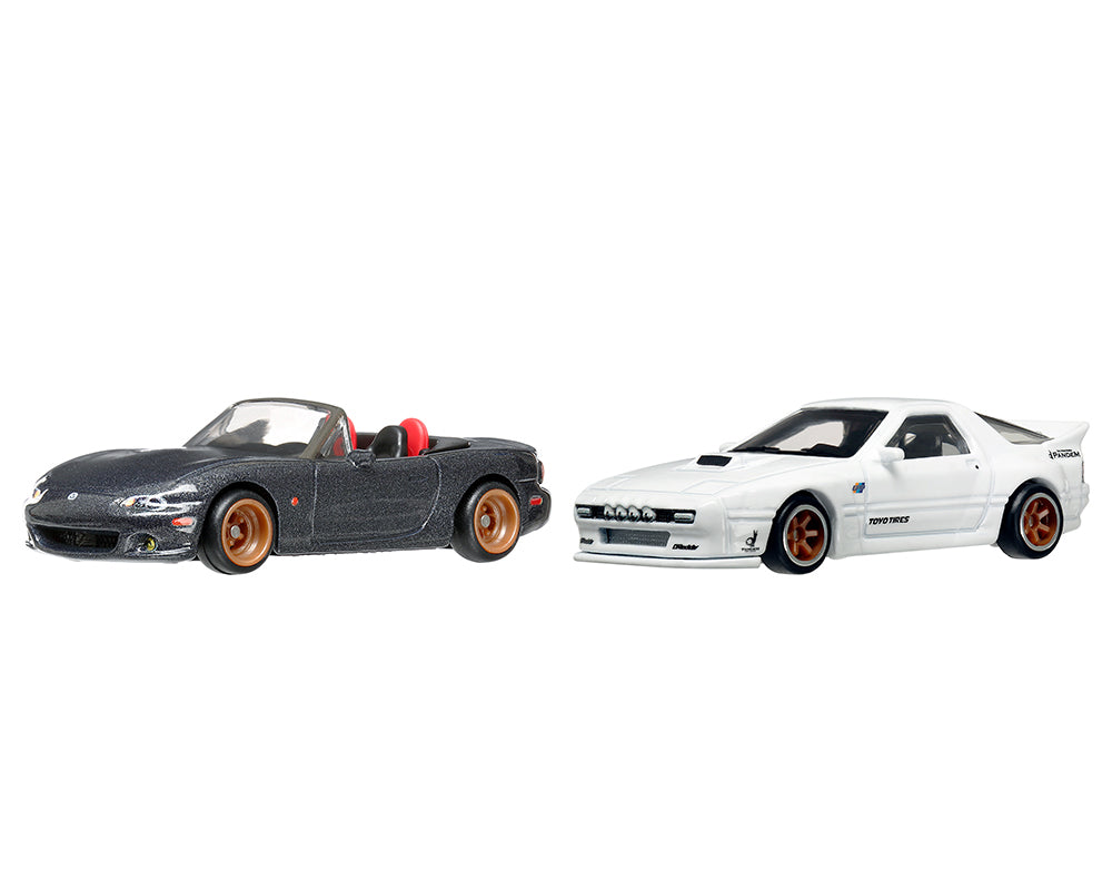 Hotwheels Mazda Mazdaspeed Miata Gray Metallic and Mazda RX7 FC Pandem White "Car Culture" Set of 2 Cars Diecast Model Cars by Hot Wheels