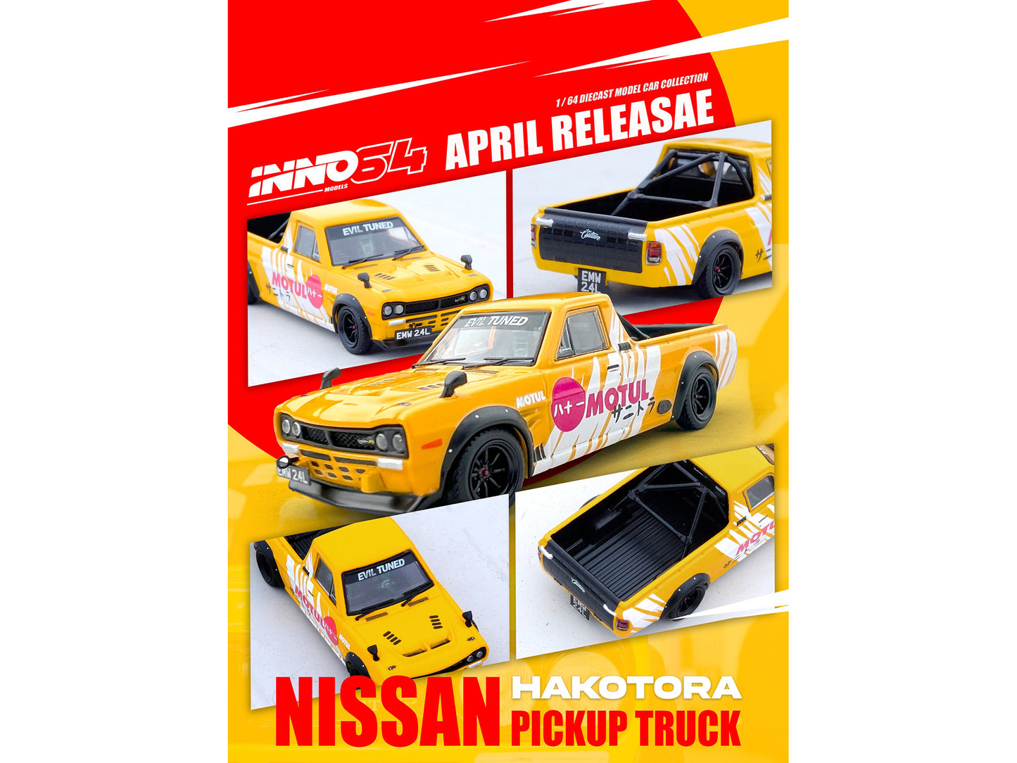 Inno Models Nissan Sunny "Hakotora" Pickup Truck RHD (Right Hand Drive) "Motul" Yellow with White Stripes 1/64 Diecast Model Car by Inno Models