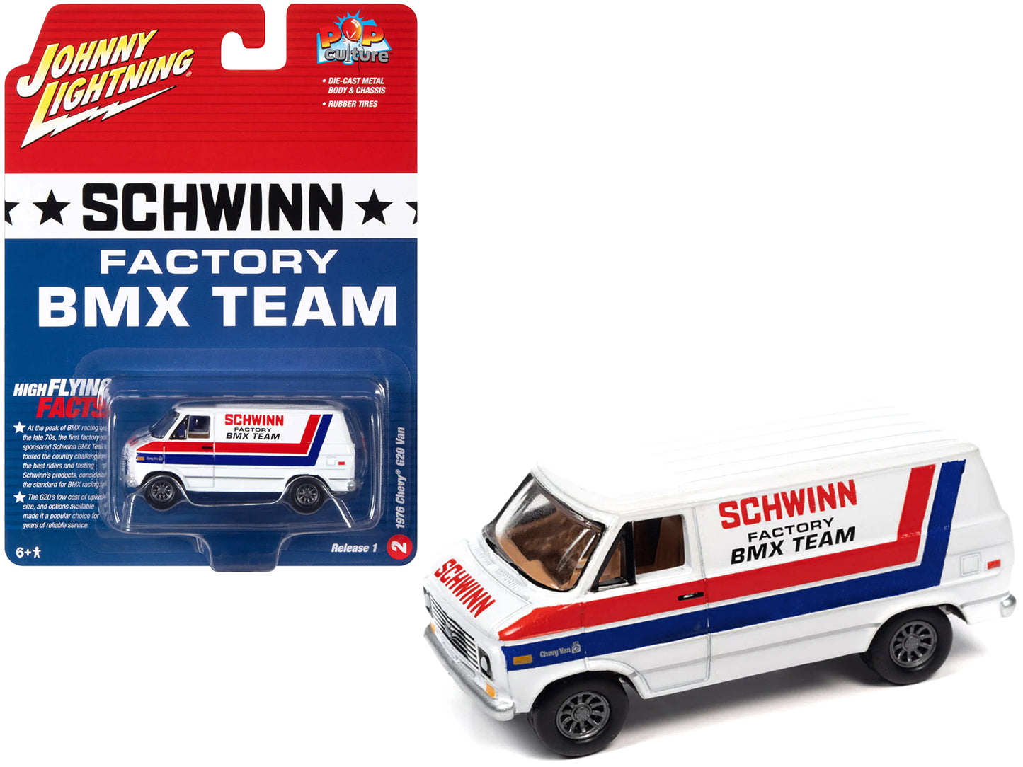 Johnny Lightning 1976 Chevrolet G20 Van White with Stripes "Schwinn Factory BMX Team" "Pop Culture" 2023 Release 1 1/64 Diecast Model Car by Johnny Lightning