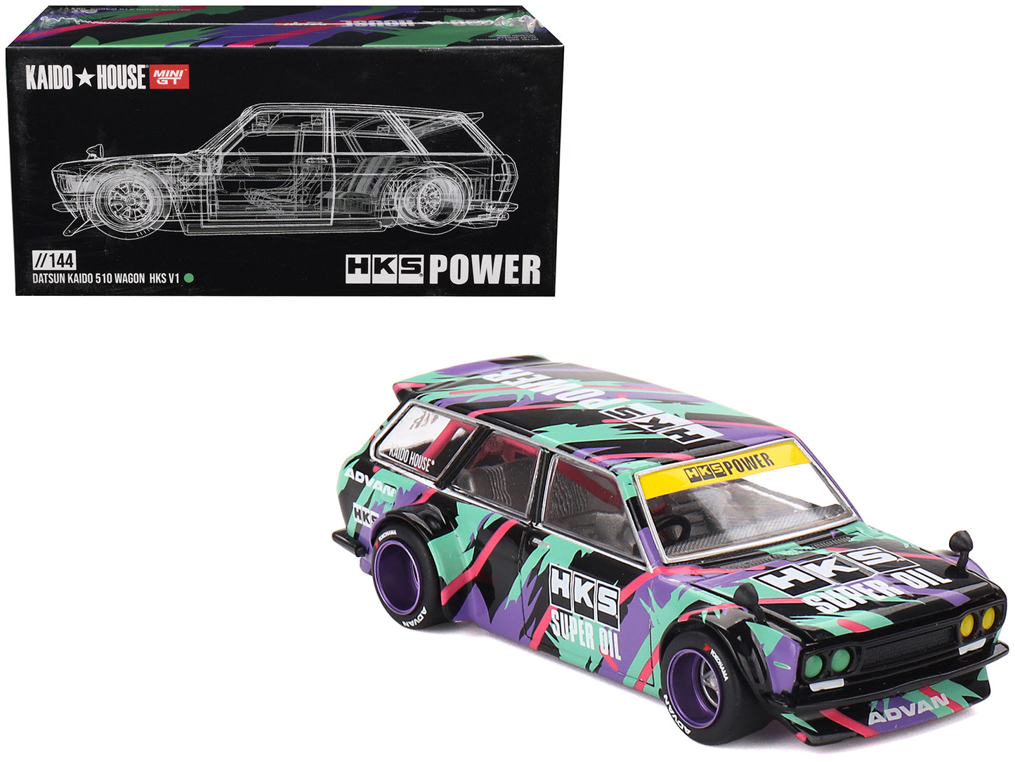 Mini GT Datsun 510 Wagon RHD (Right Hand Drive) "HKS V1" Black with Graphics (Designed by Jun Imai) "Kaido House" Special 1/64 Diecast Model Car by Mini GT