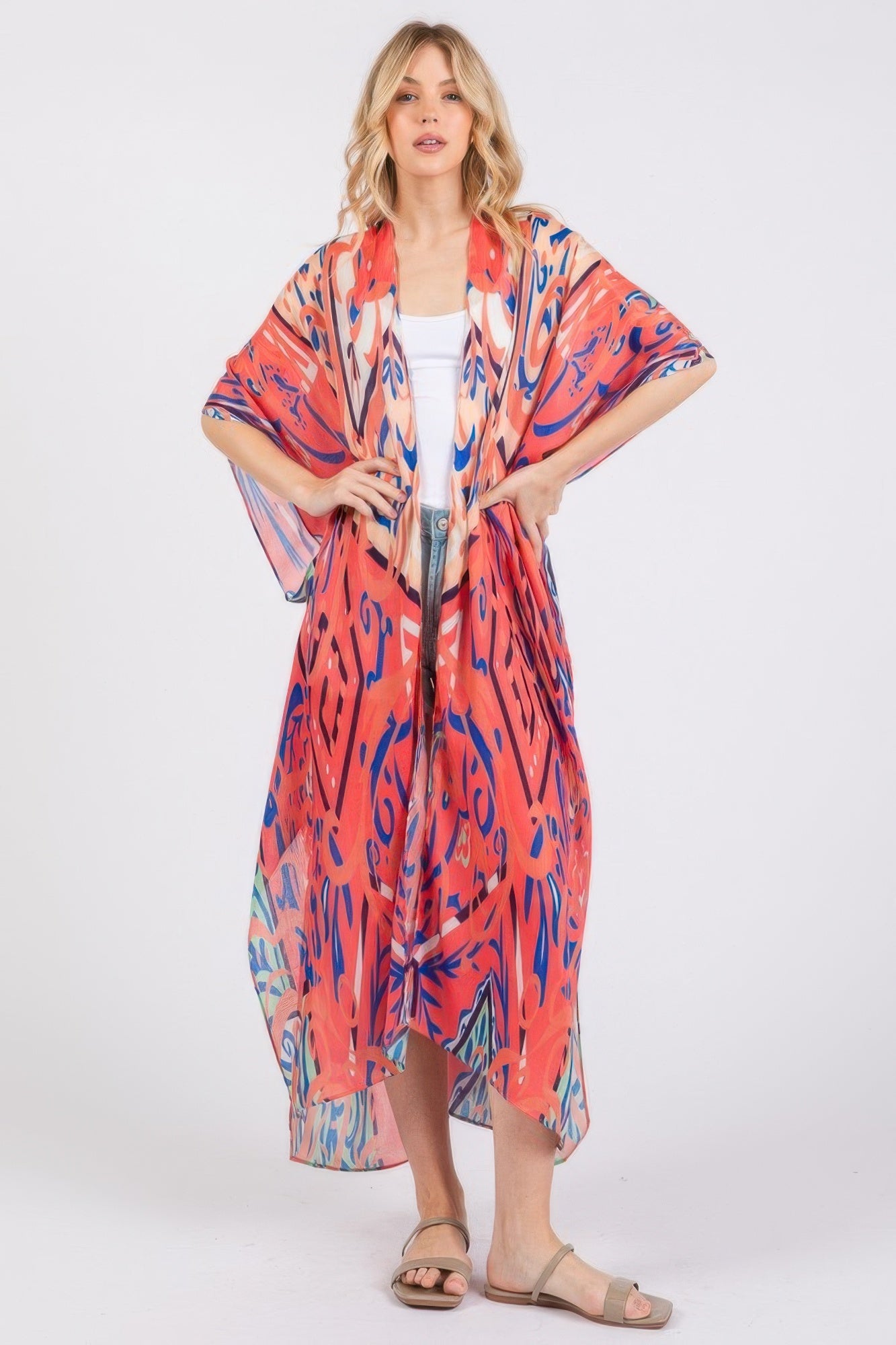 Boho Print Open Front Long Kimono