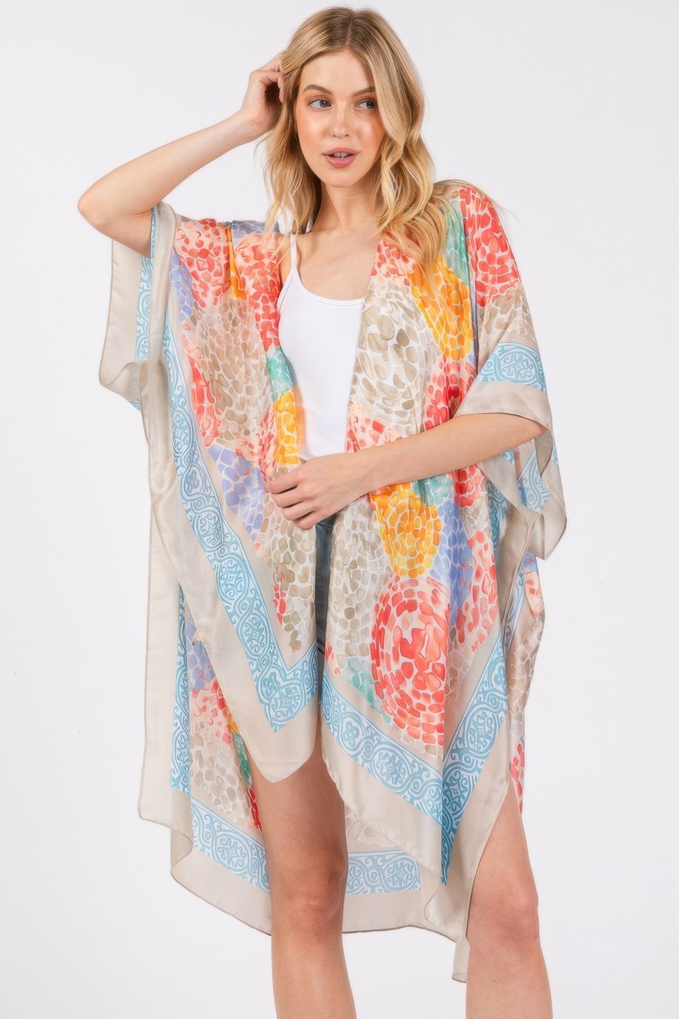 Abstract Print Silky Feel Kimono