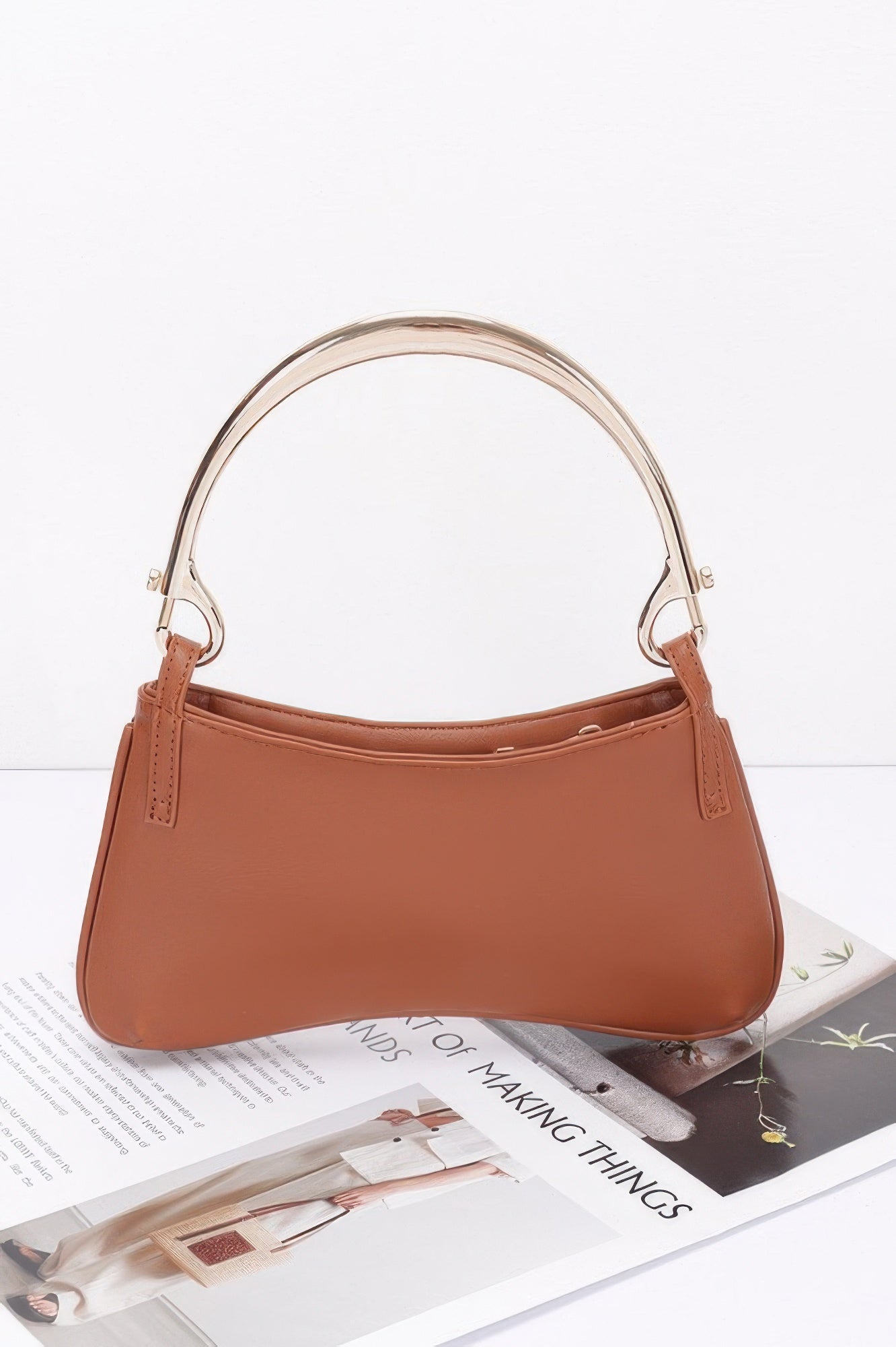 Faux Leather Metal Handle Zip Clutch