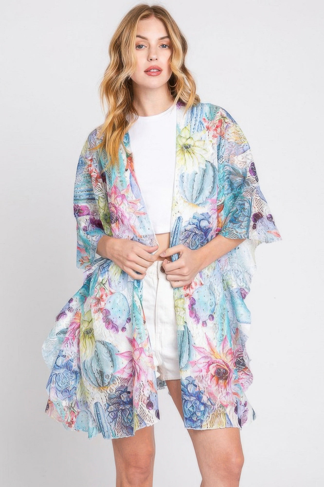 Ruffle Lined Cactus Print Open Front Cover Up