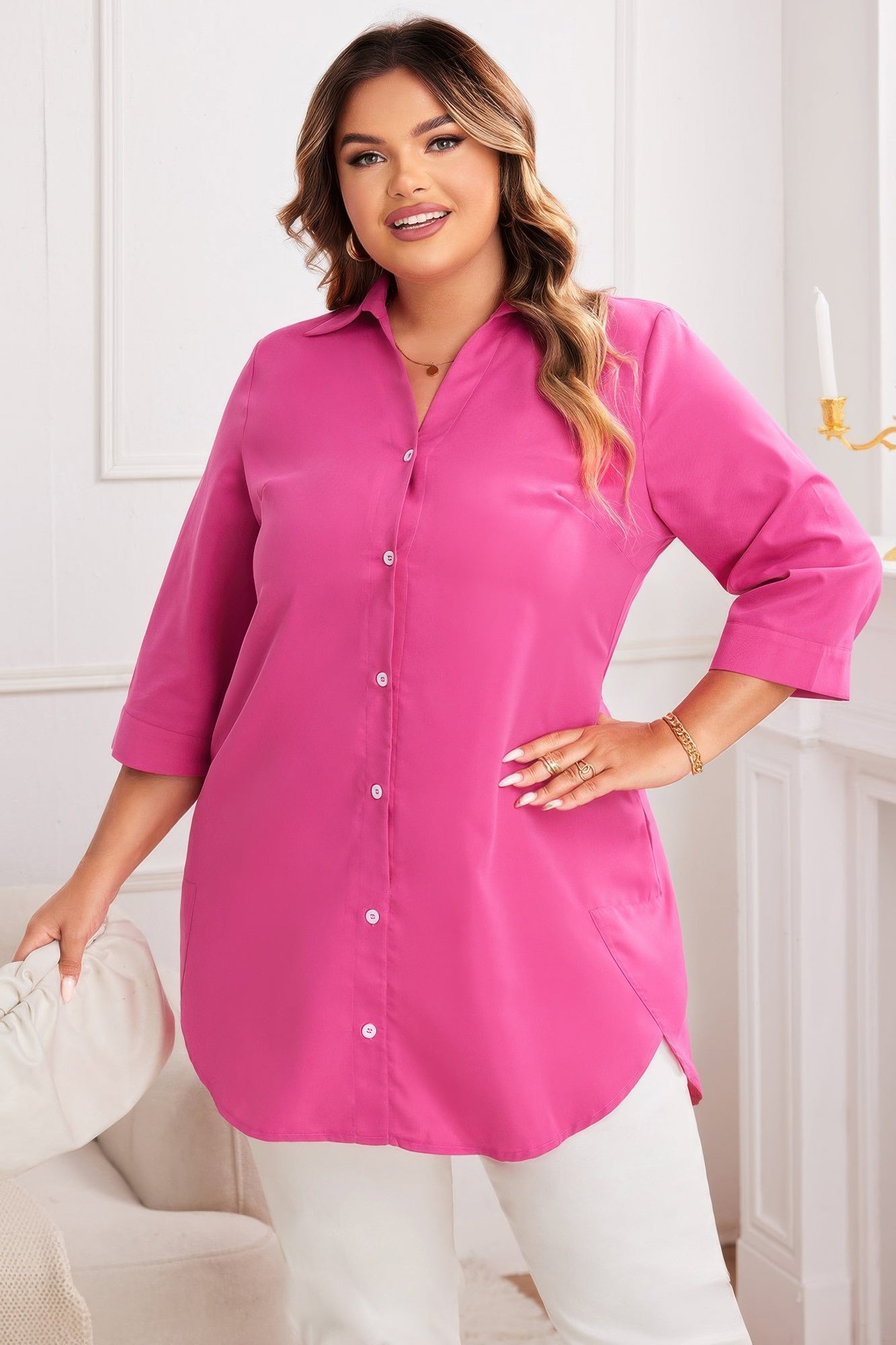 Plus A Line Button Loose Fit Pockets Solid Dress