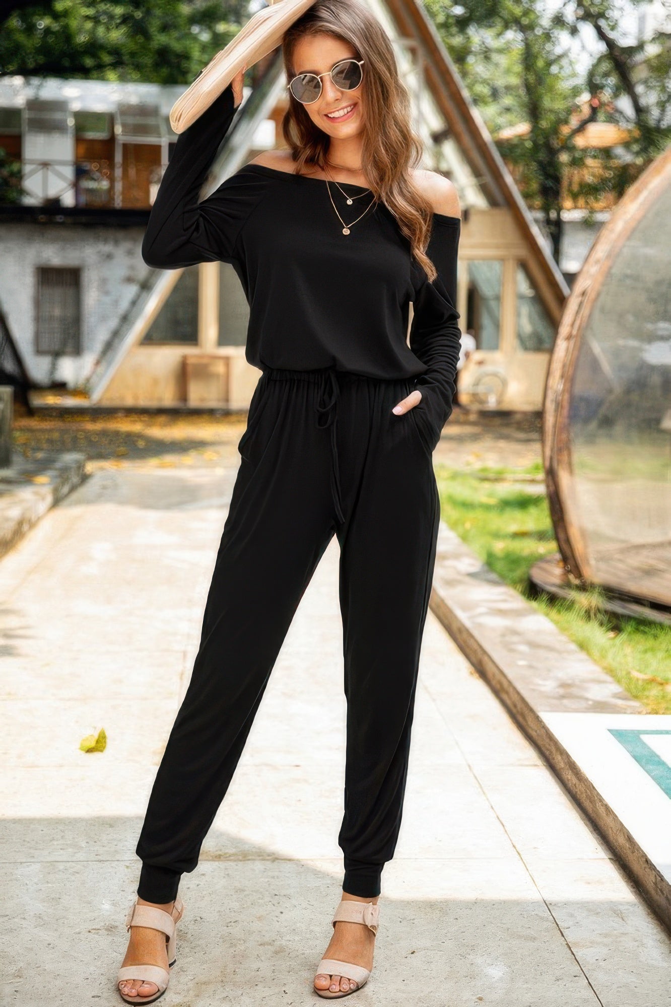 Solid Off Shoulder Long Sleeve Fit Jumpsuit