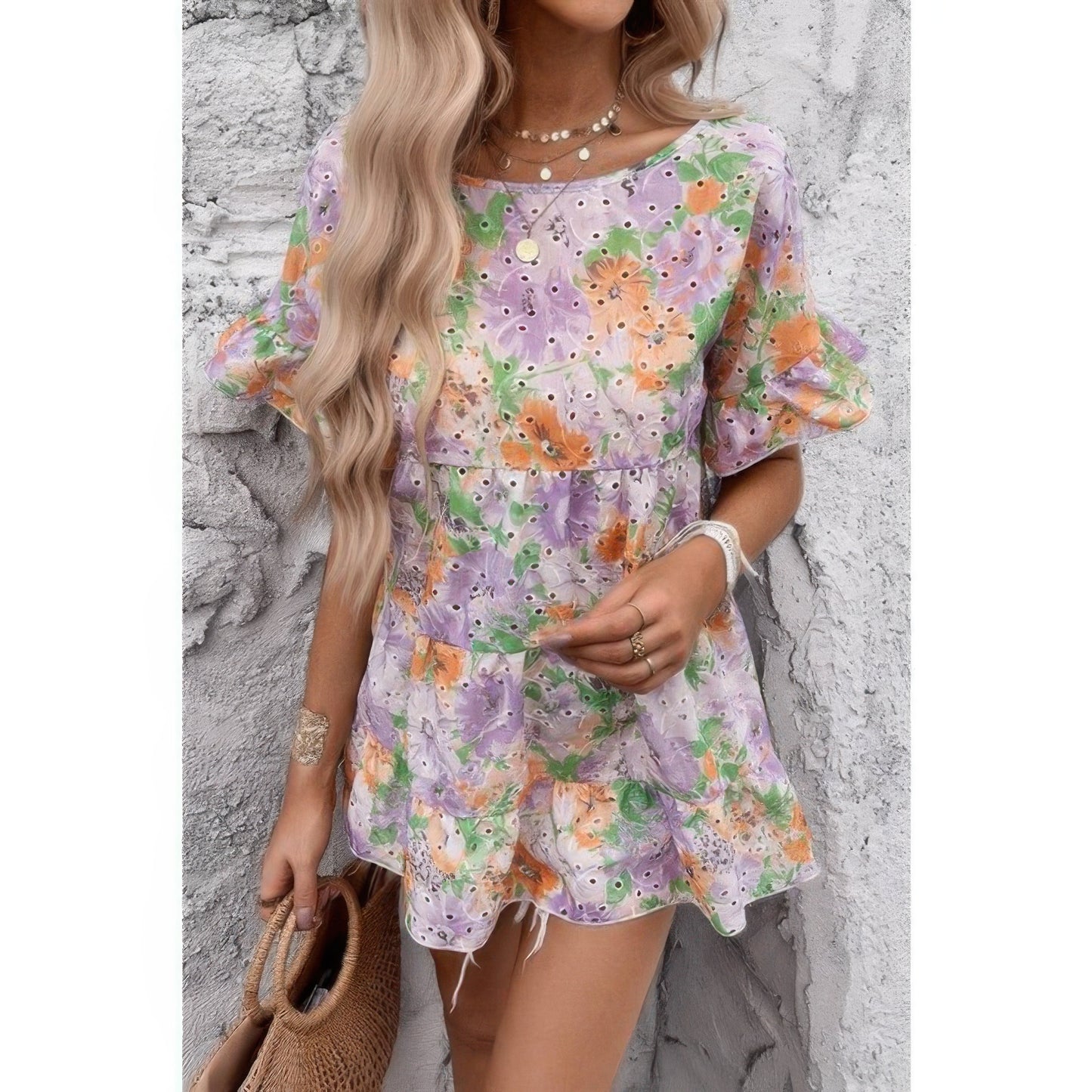 Scoop Neck Floral Print Hollow Out Ruffle Hem Top