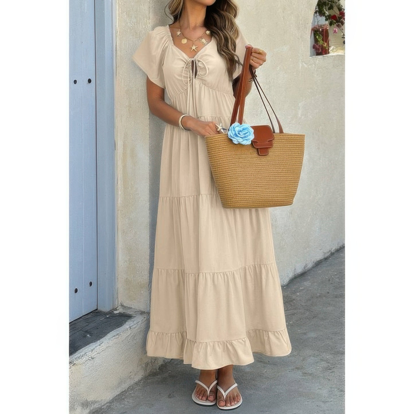 Cross Knot Color Block Pockets A Line Dress