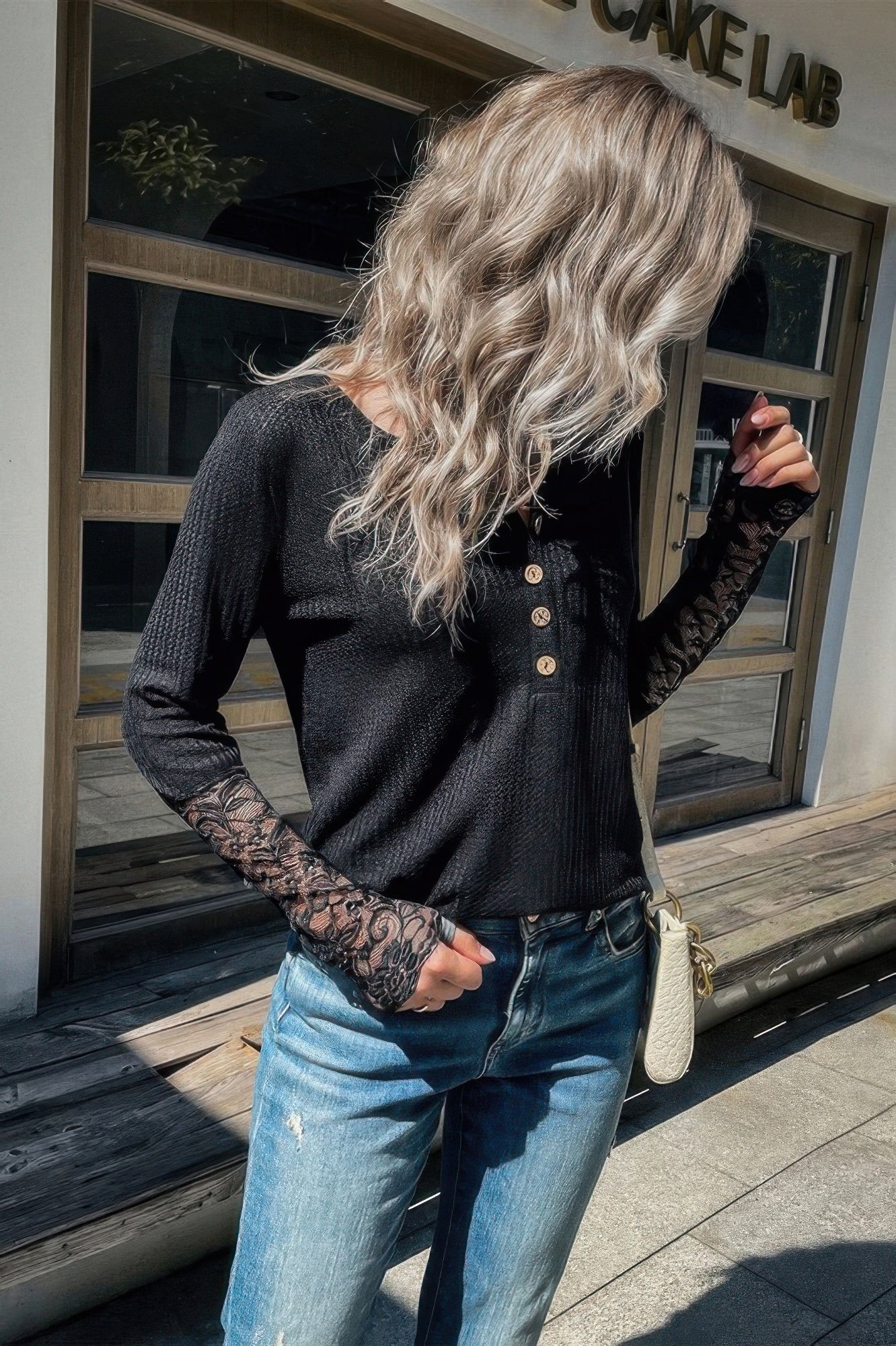 V Neck Solid Button Lace Knit Loose Fit Top