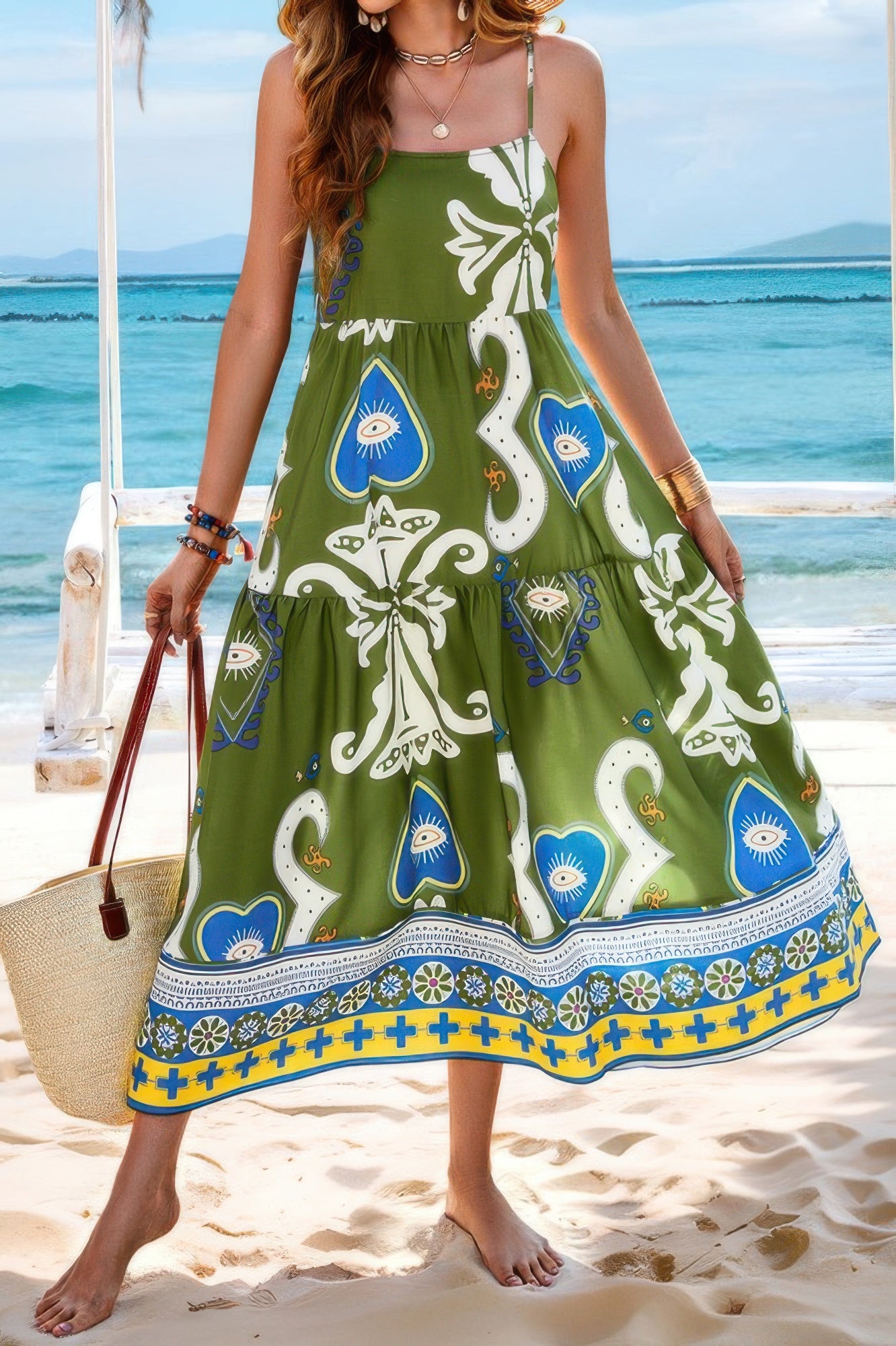 Sleeveless Eyeball Print Spaghetti Strap Dress