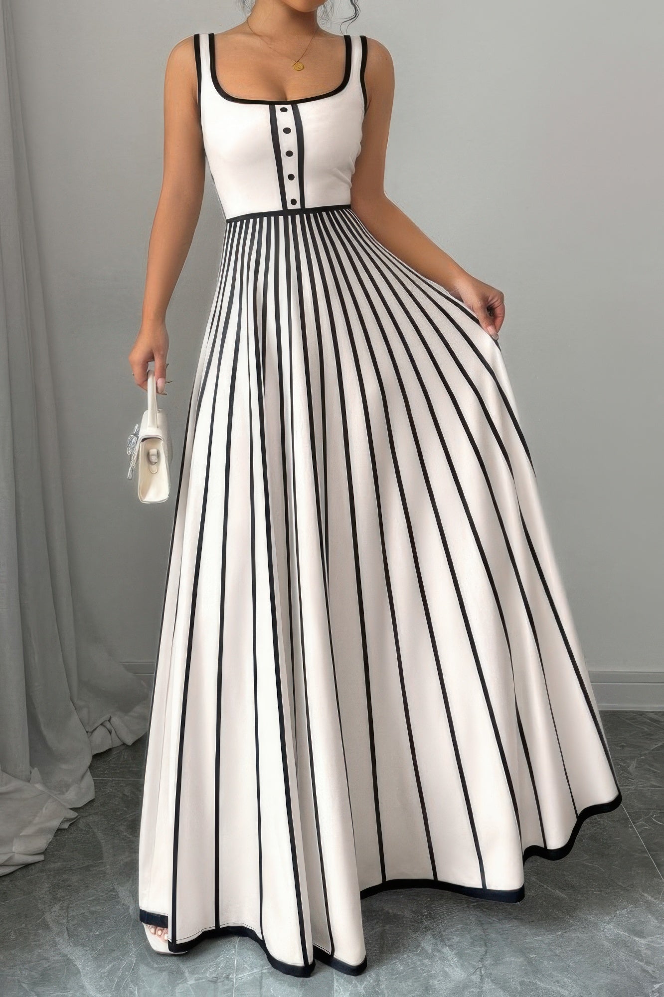 Striped Square Neck Sleeveless A Line Fit Dress