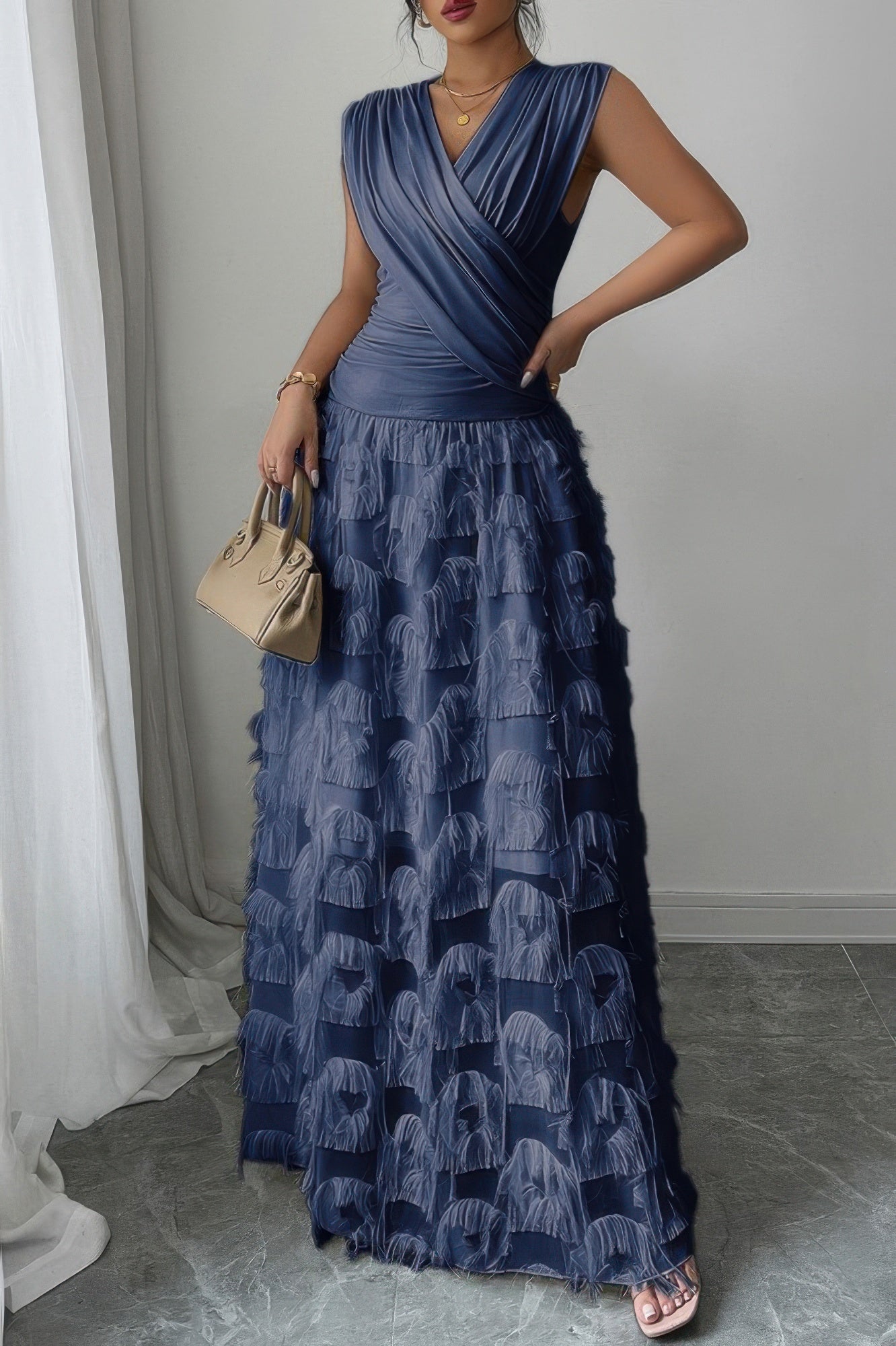 Solid V Neck Ruched Texture Splice Sleeveless Dress
