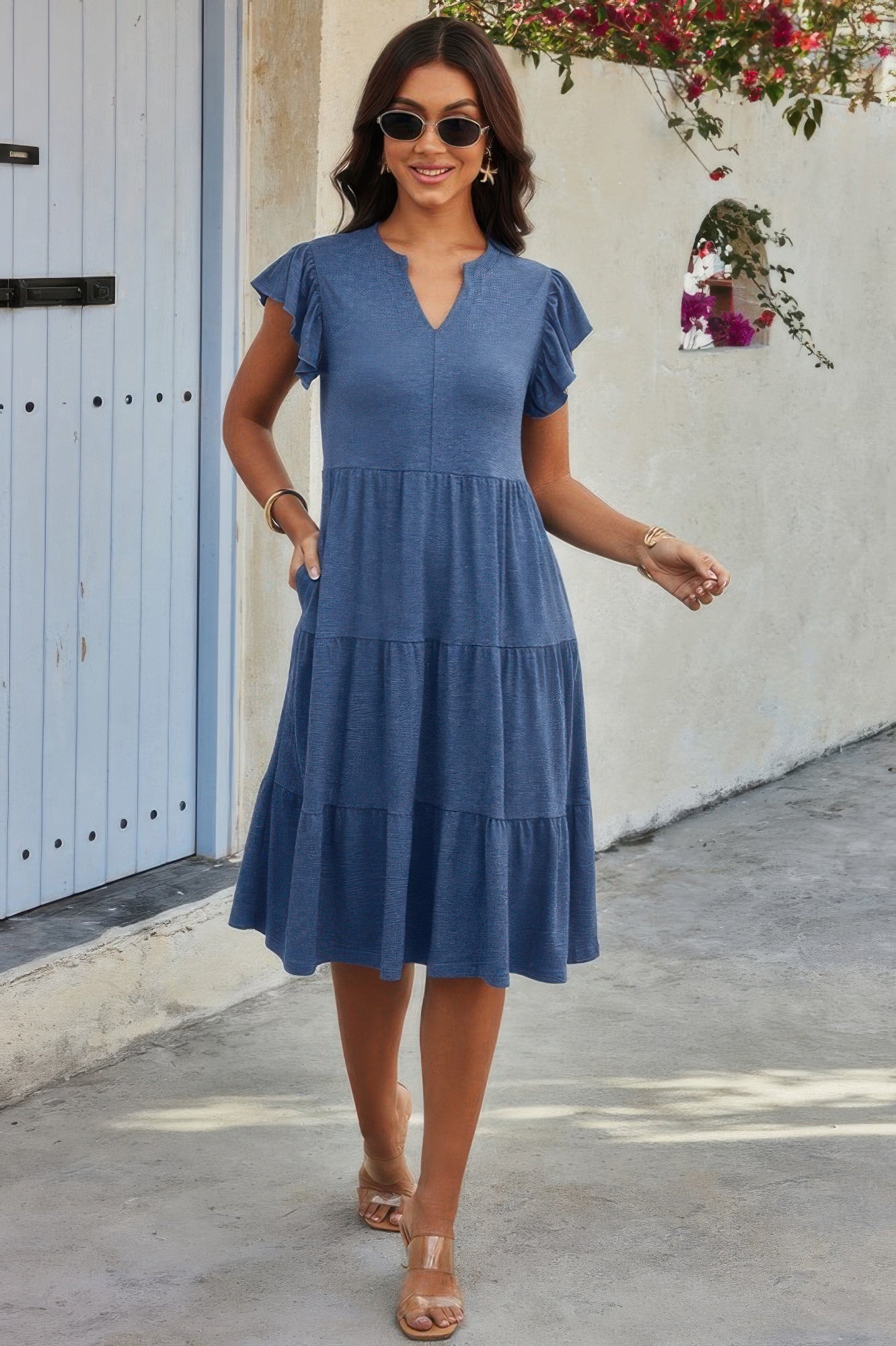 Solid V Neck Color Block Ruffle Hem Loose Dress