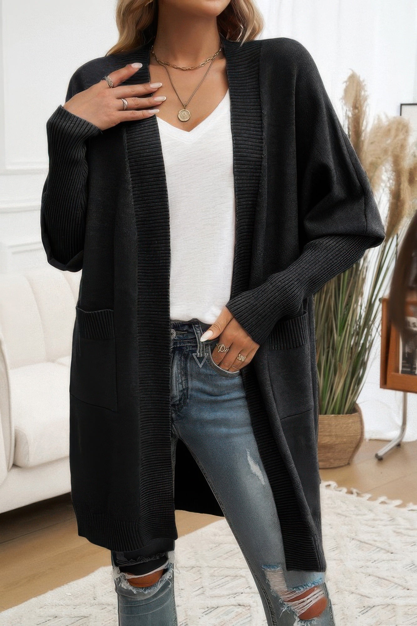 Knit Open Front Bishop Sleeves Pockets Cardigan