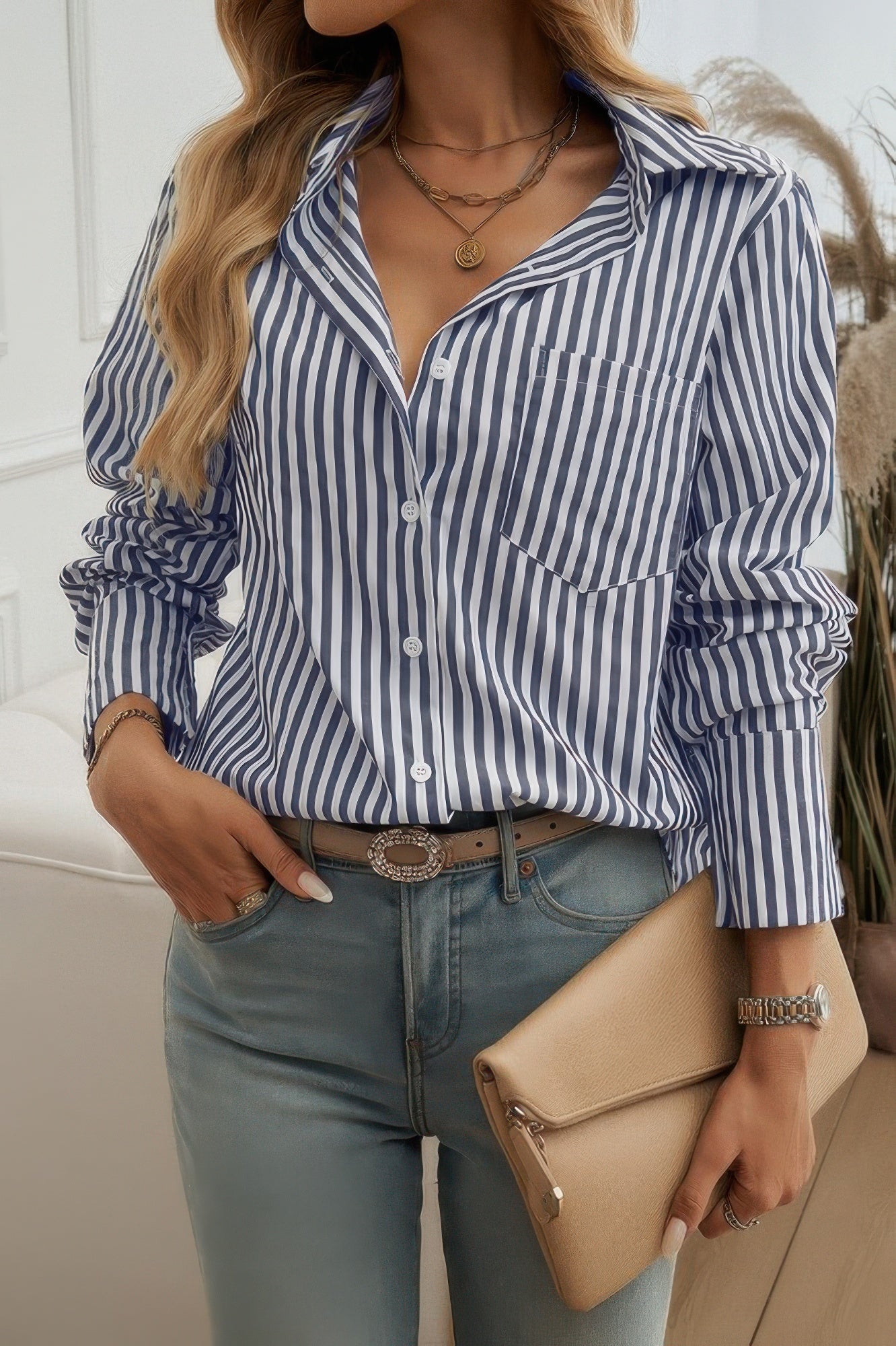Strip Pocket Button Front Open Loose Blouse