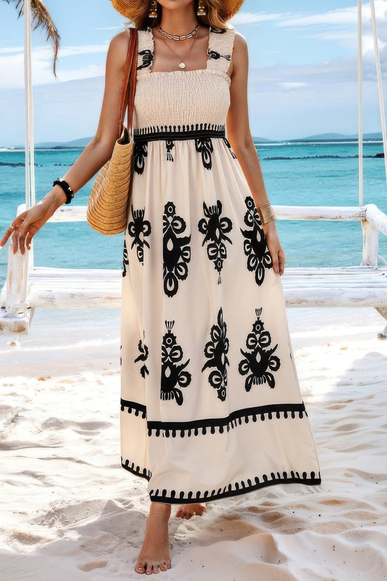 Sleeveless Square Neck A Line Smocked Shirred Dress