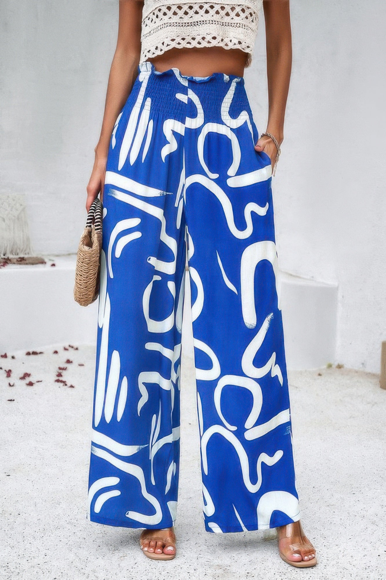 Allover Print Pockets Elastic Band Belt Pant