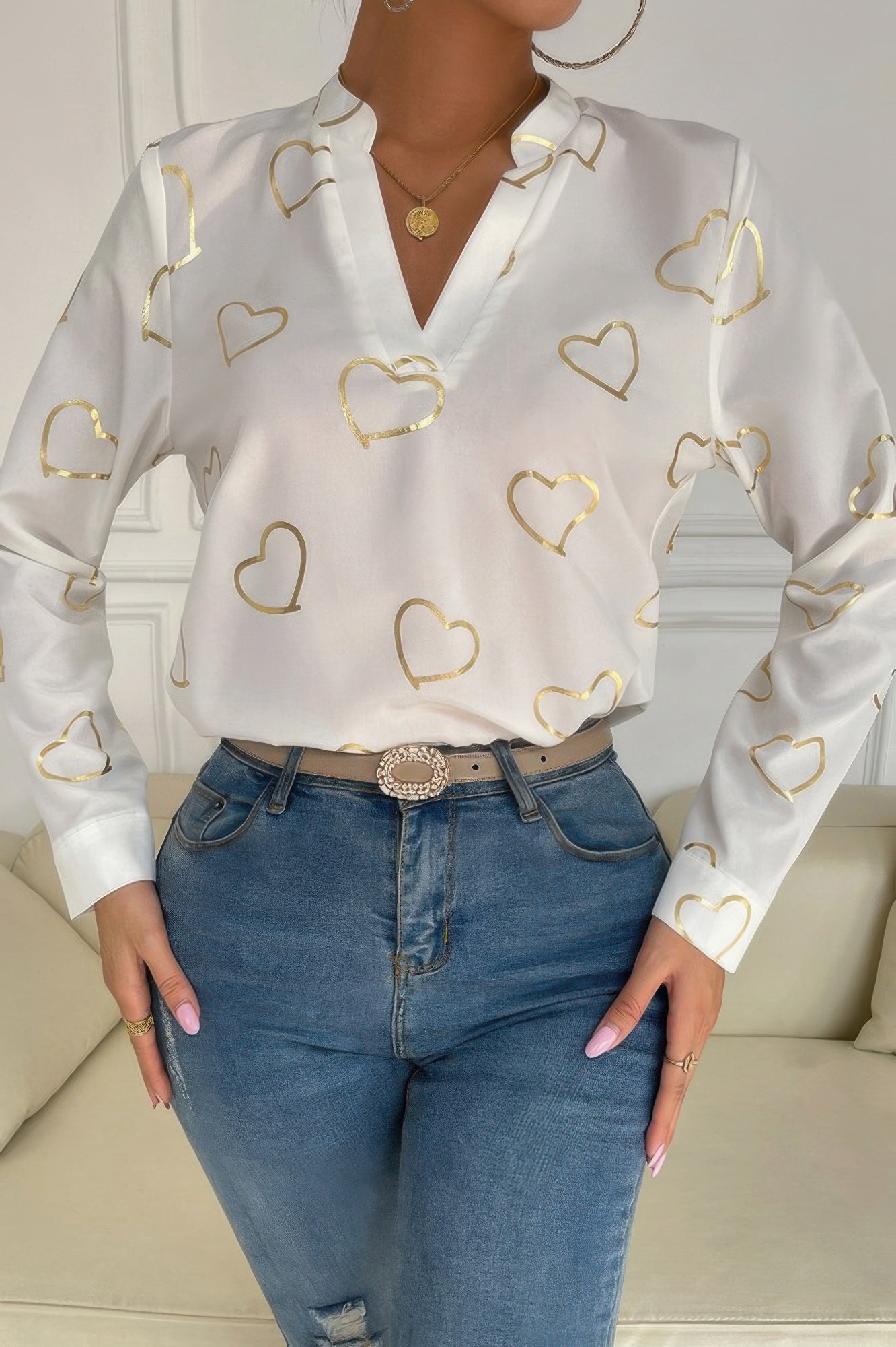 Heart Print V Neck Fit Blouse
