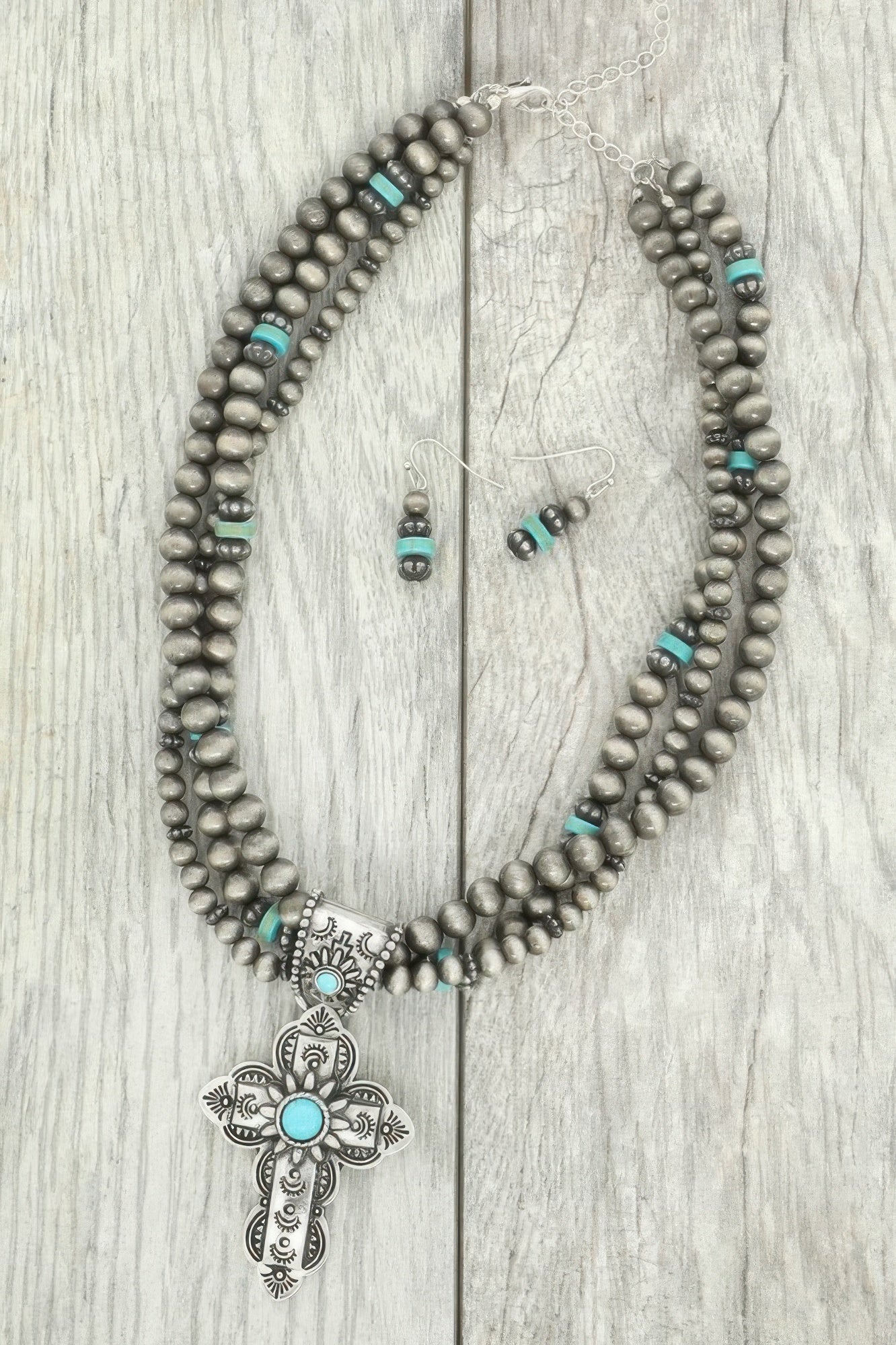 Western Turquoise Cross Pendant Necklace Set
