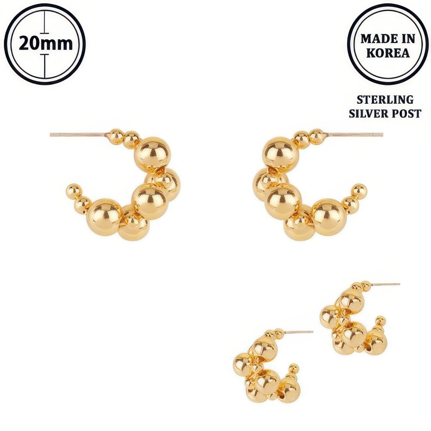 Flash-plated Beaded Ball Hoop Earrings