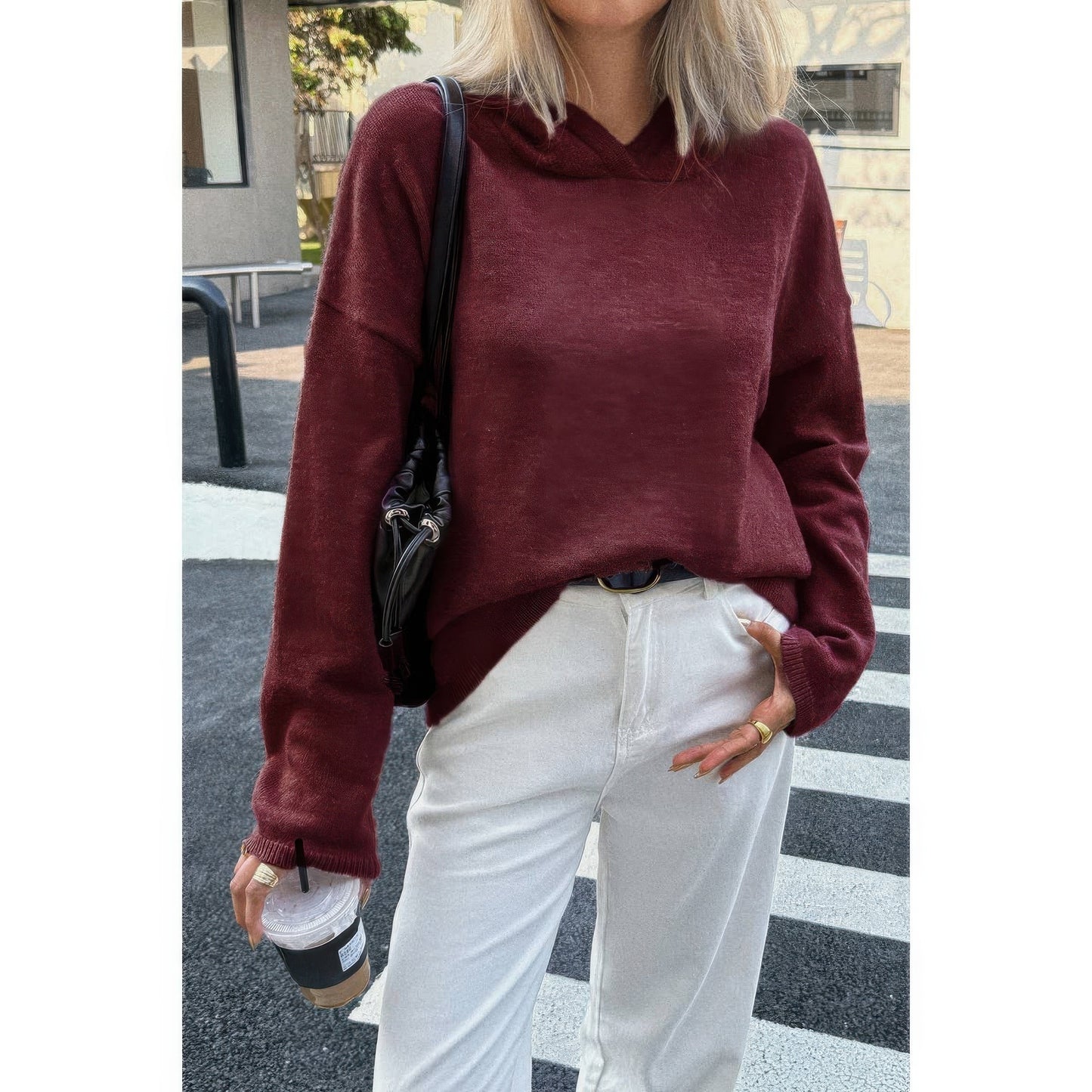 Solid Knit Long Sleeve Loose Hooded Sweater