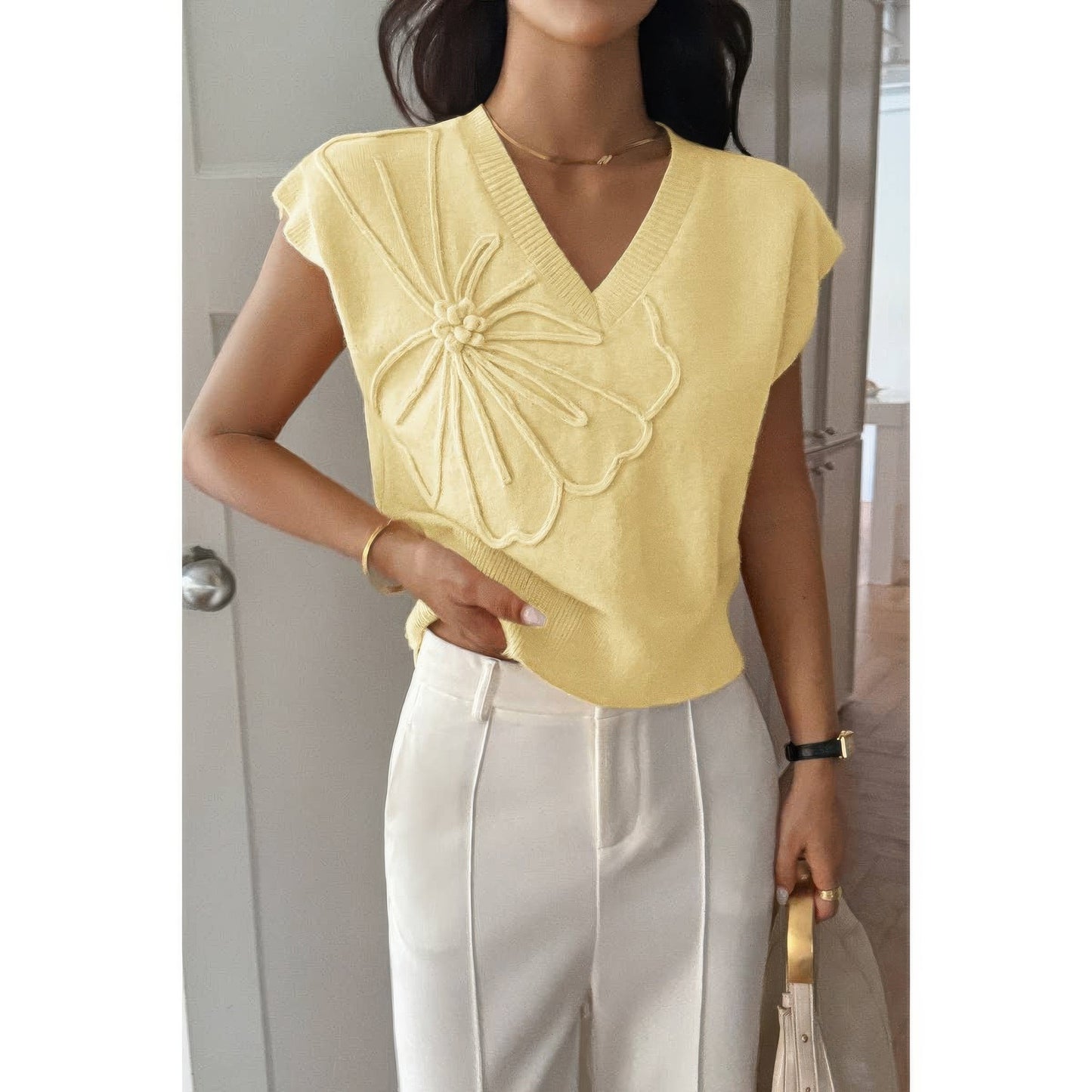 Solid V Neck Sleeveless Knit Loose Vest