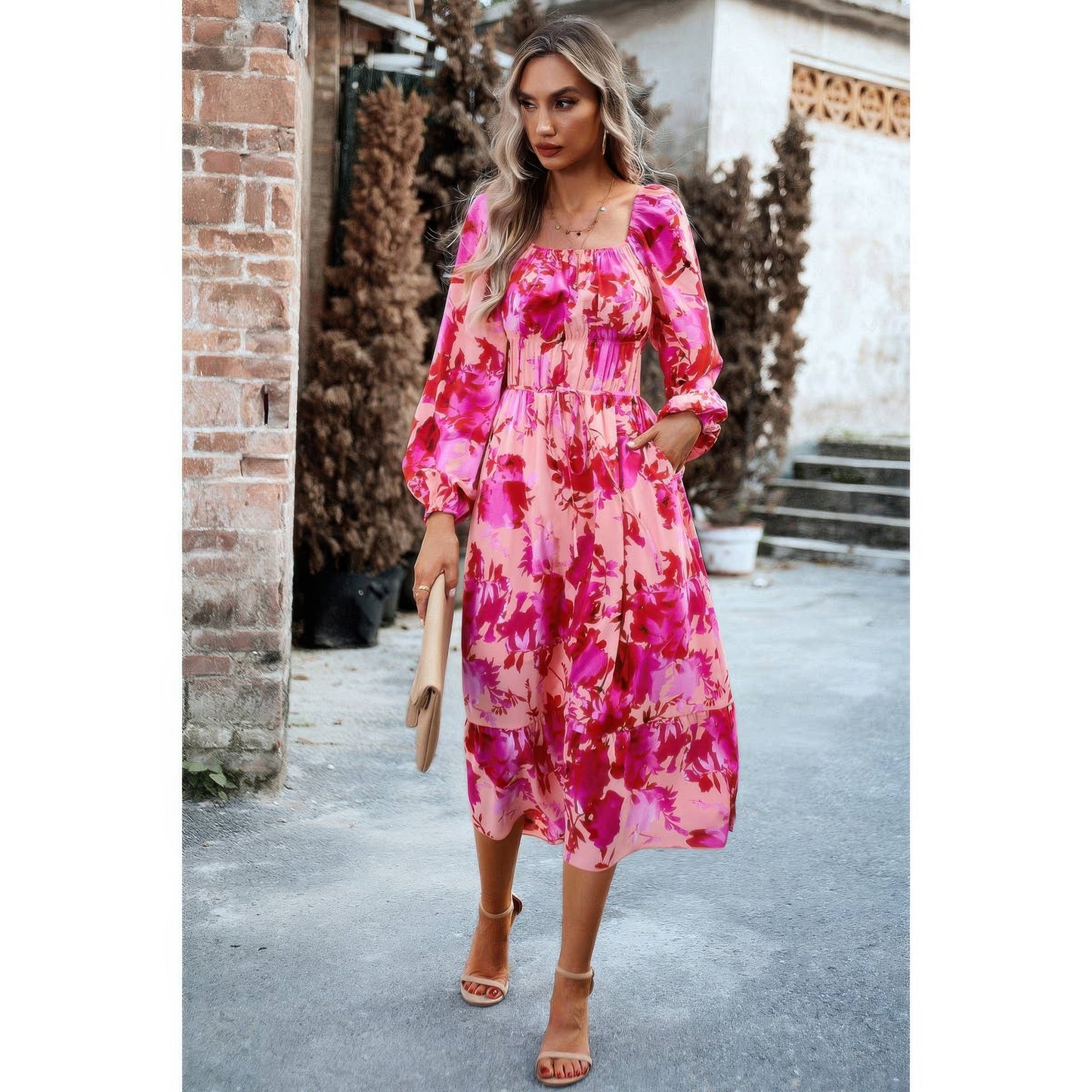 Floral High Elastic Waist Square Neck Pocket Dress