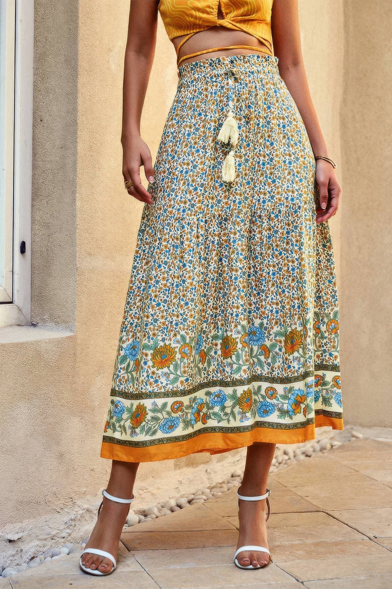 Drawstring Floral Ruffled Maxi Skirt