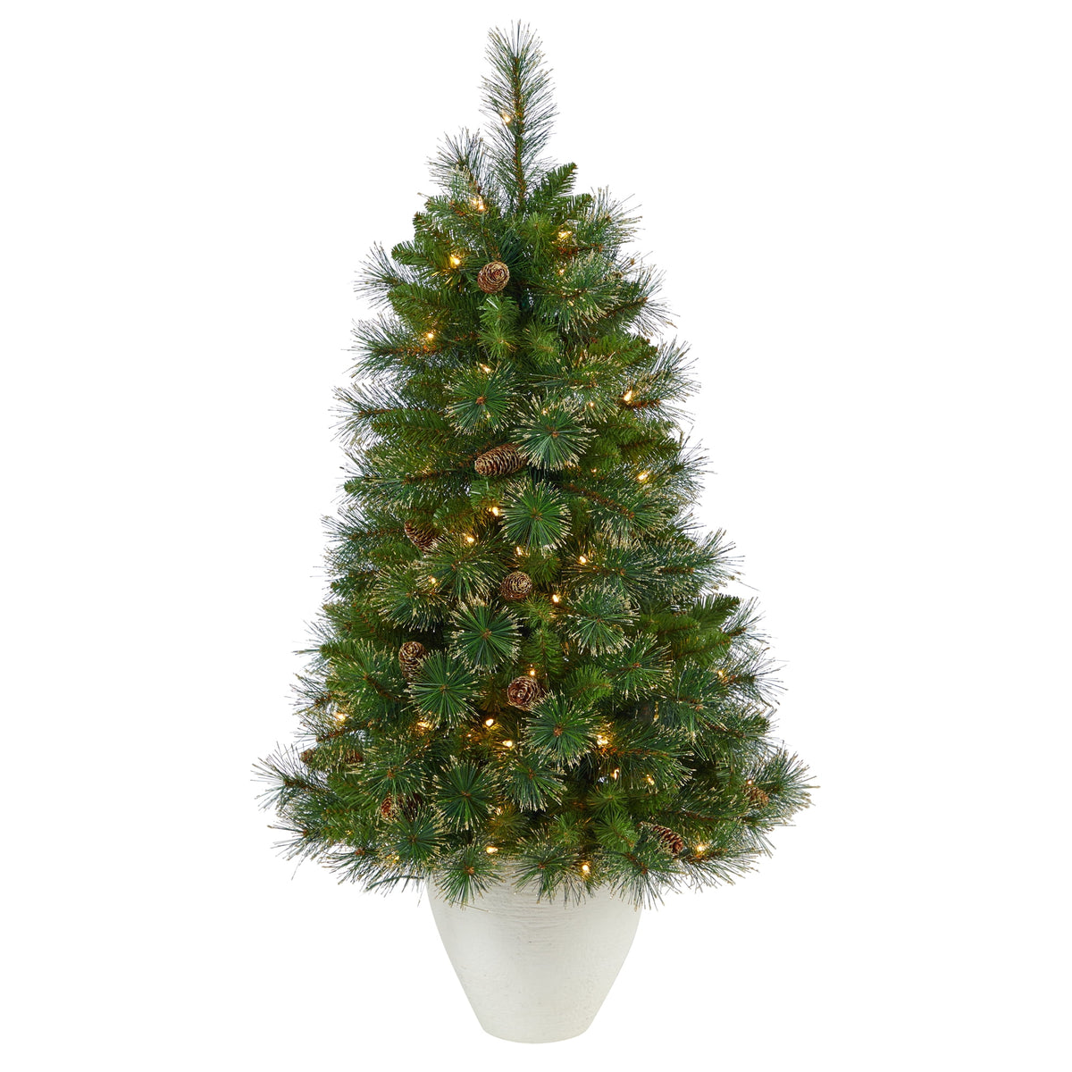 50" Gold Tip Xmas Tree w/100 Clear Lights in White Planter