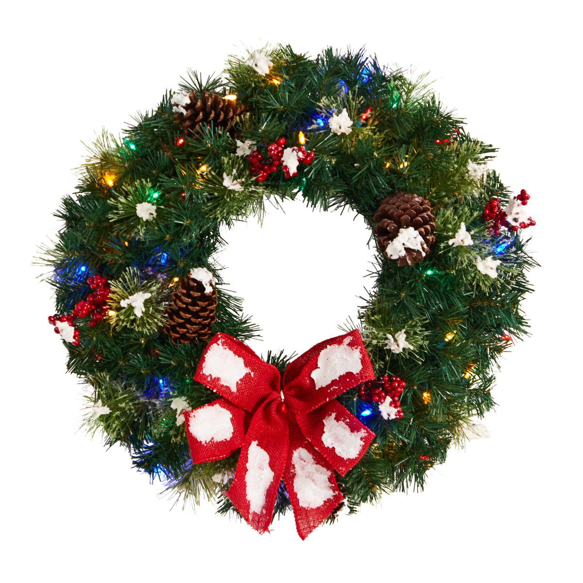 24" Snow Berry and Pinecone Wreath wi/Bow and 50 MC LEDs